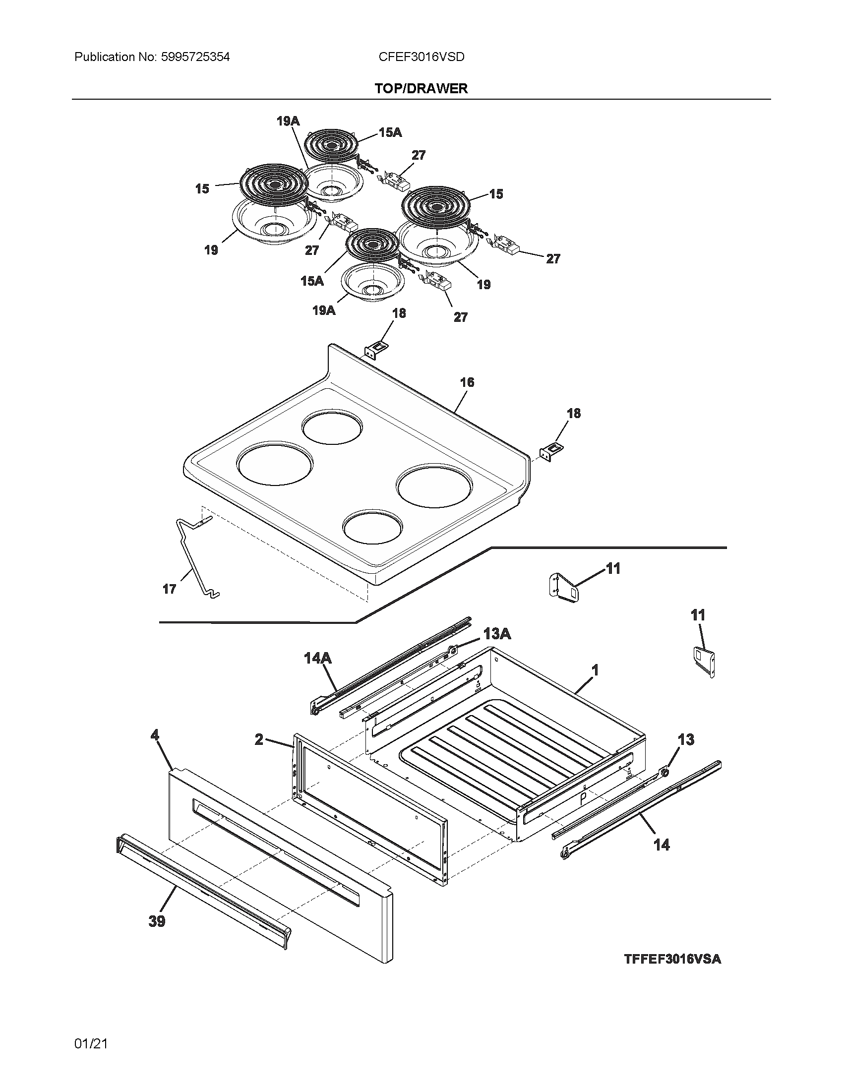 Frigidaire CFEF3016VSD top/drawer diagram