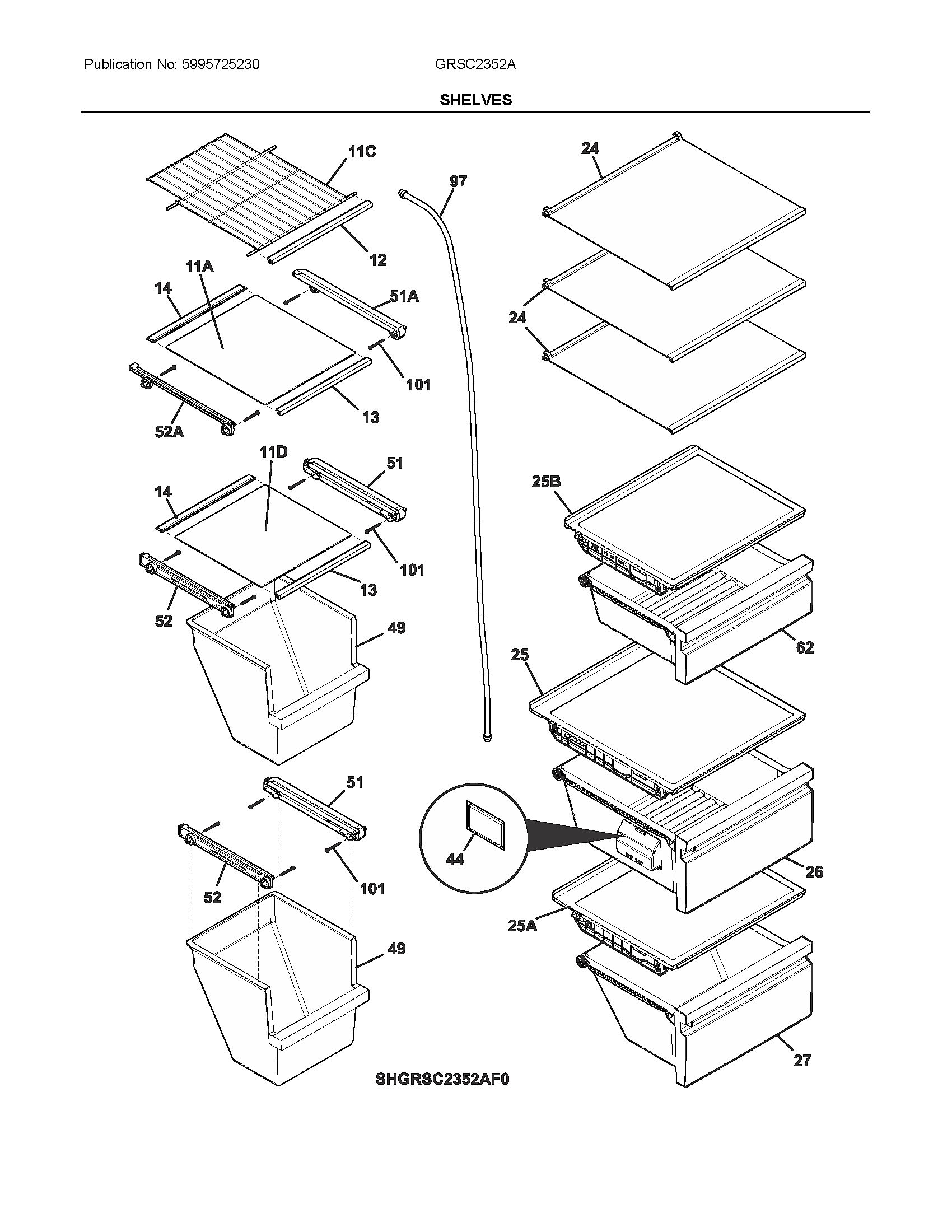 Frigidaire GRSC2352AD0 shelves diagram