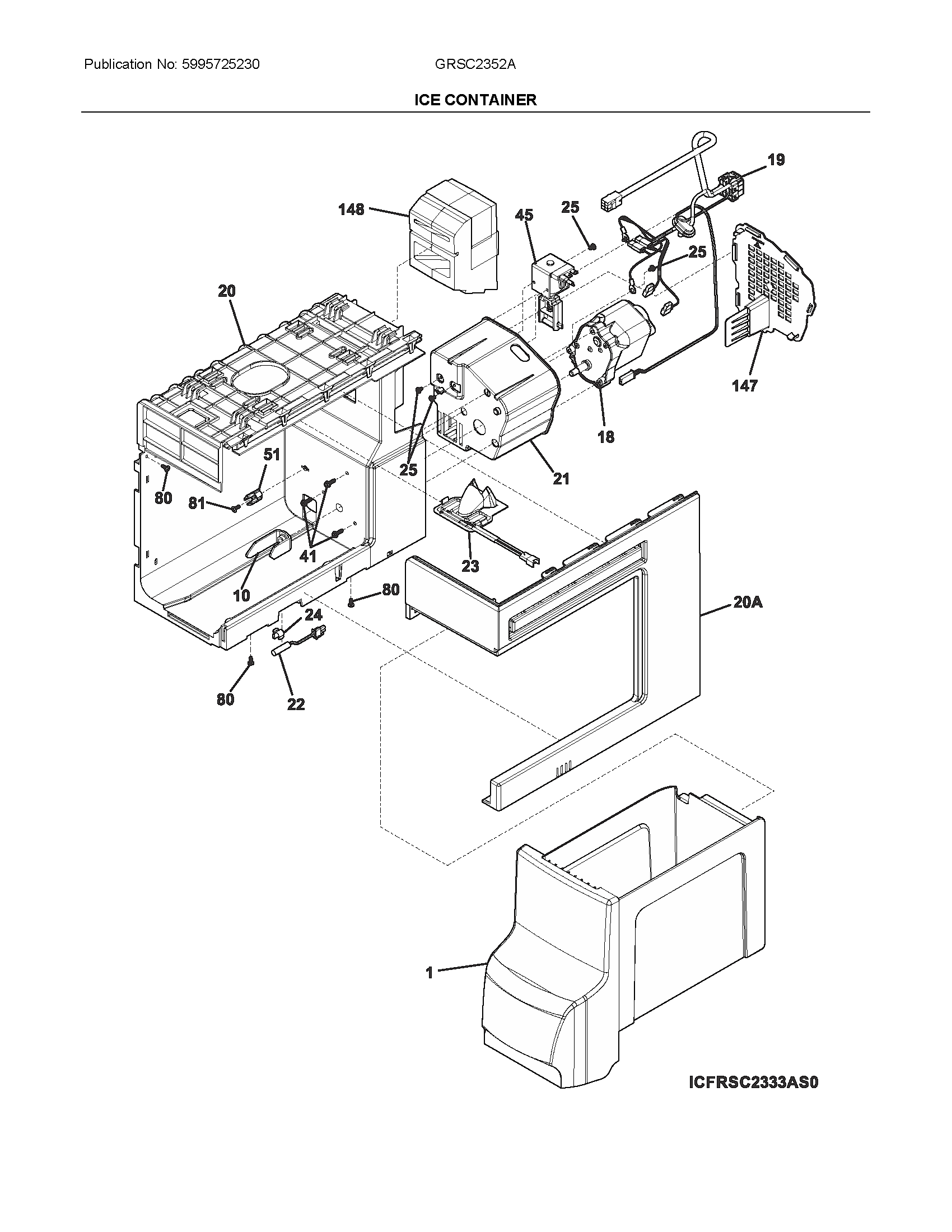 Frigidaire GRSC2352AD0 ice container diagram