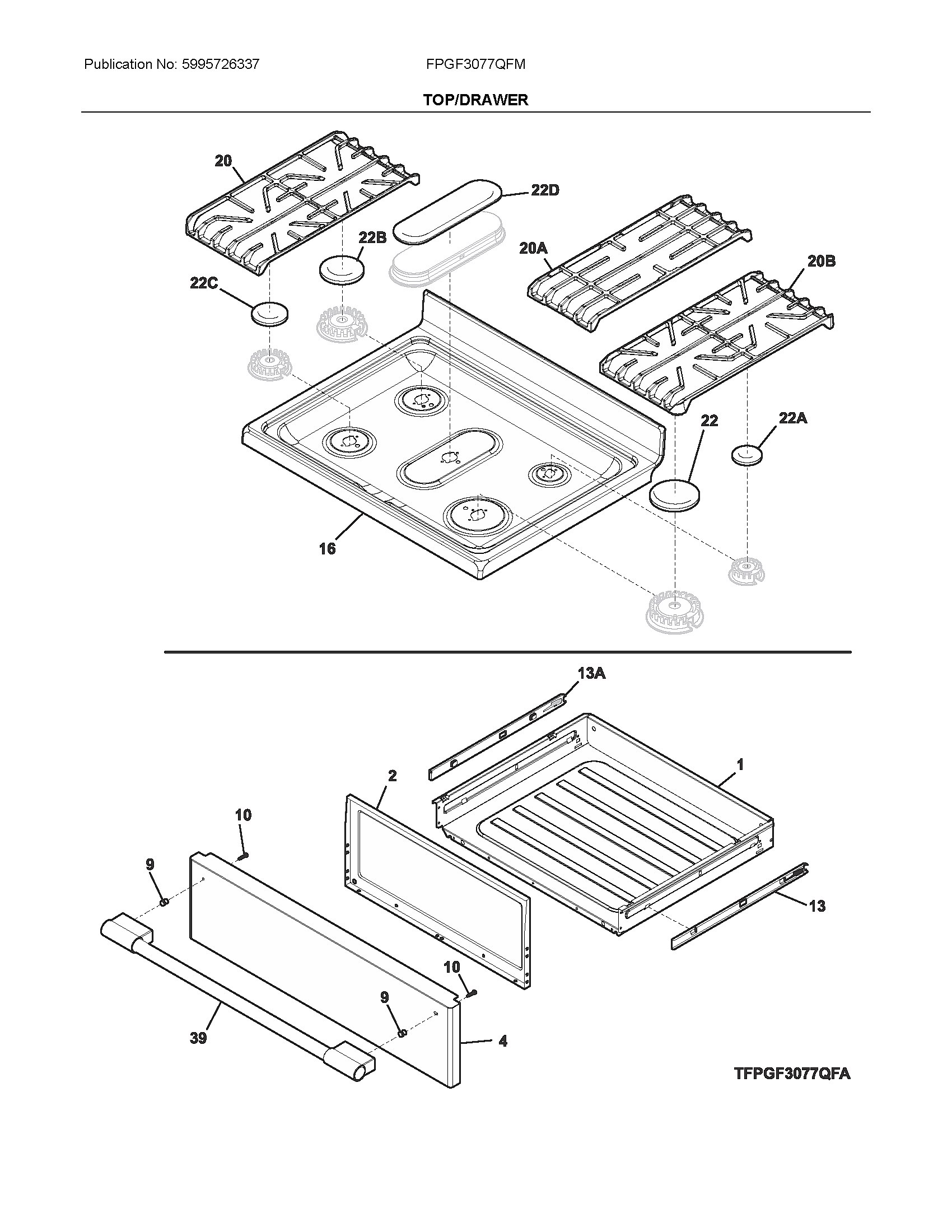 Frigidaire FPGF3077QFM top/drawer diagram