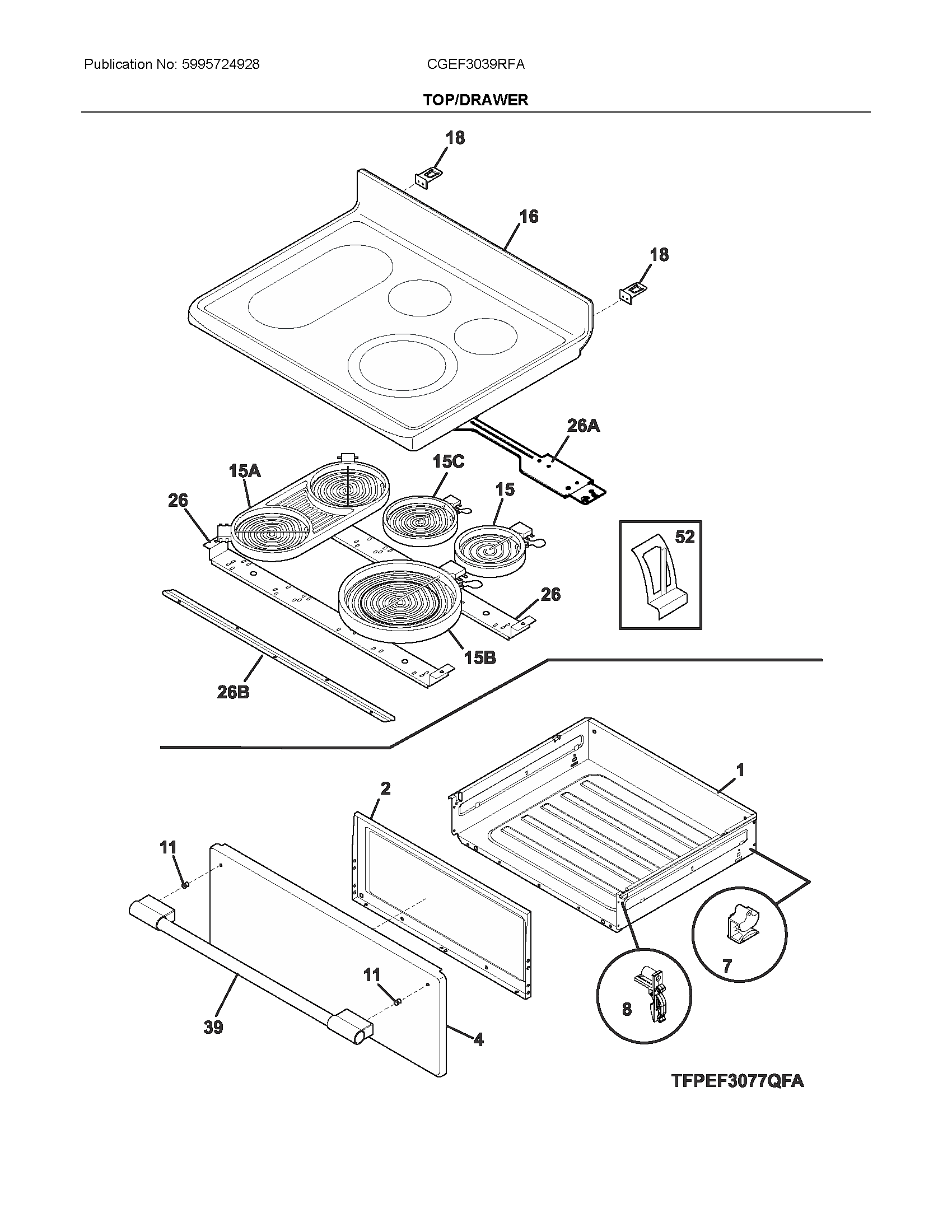 Frigidaire CGEF3039RFA top/drawer diagram