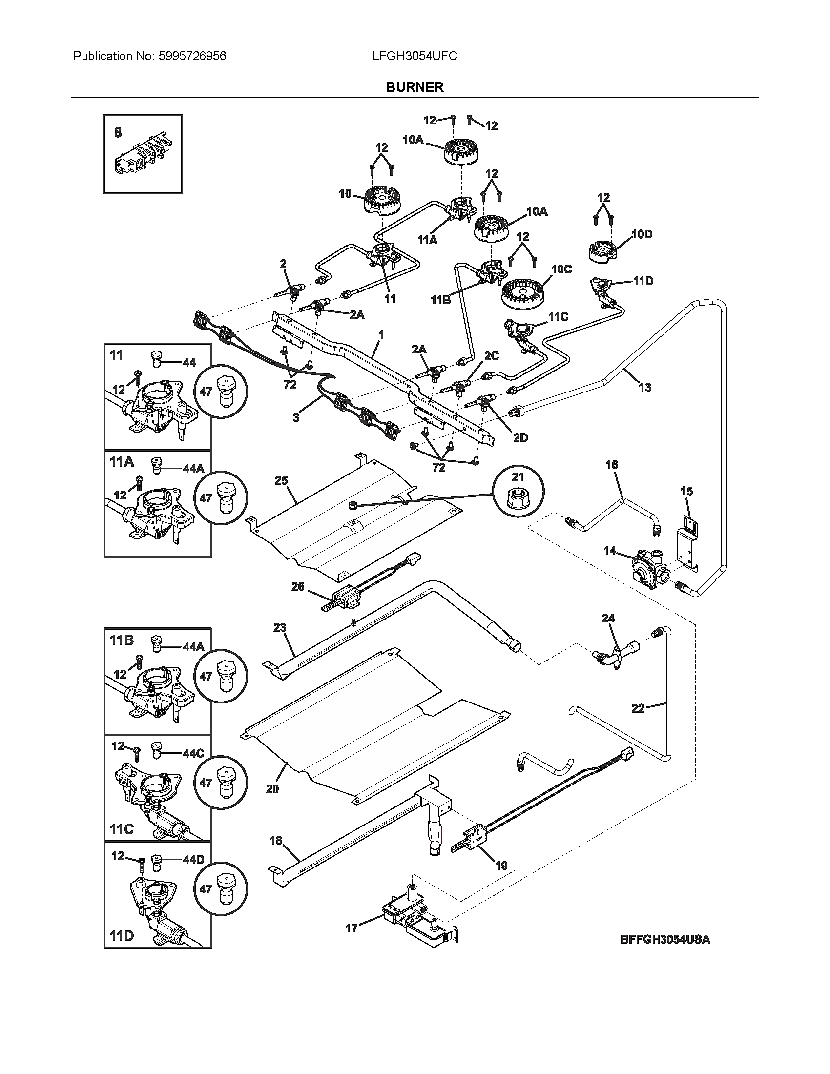 Frigidaire LFGH3054UFC burner diagram