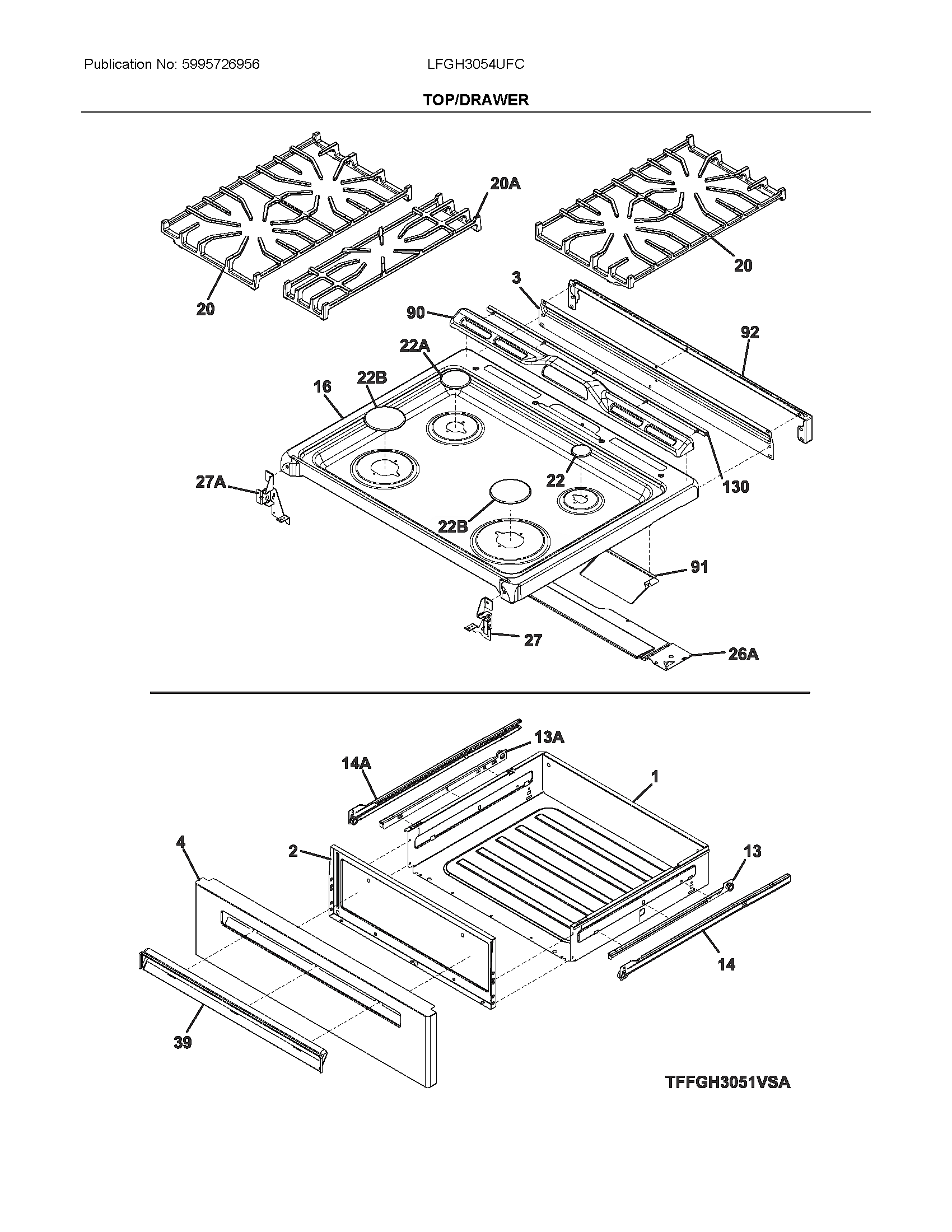 Frigidaire LFGH3054UFC top/drawer diagram