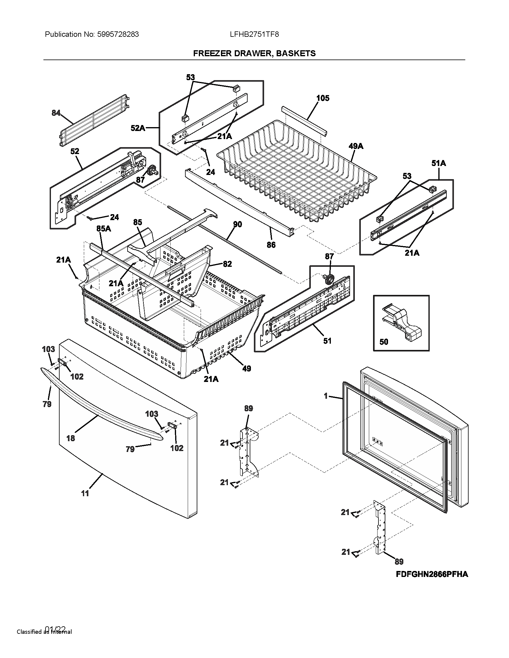 Frigidaire LFHB2751TF8 freezer drawer, baskets diagram