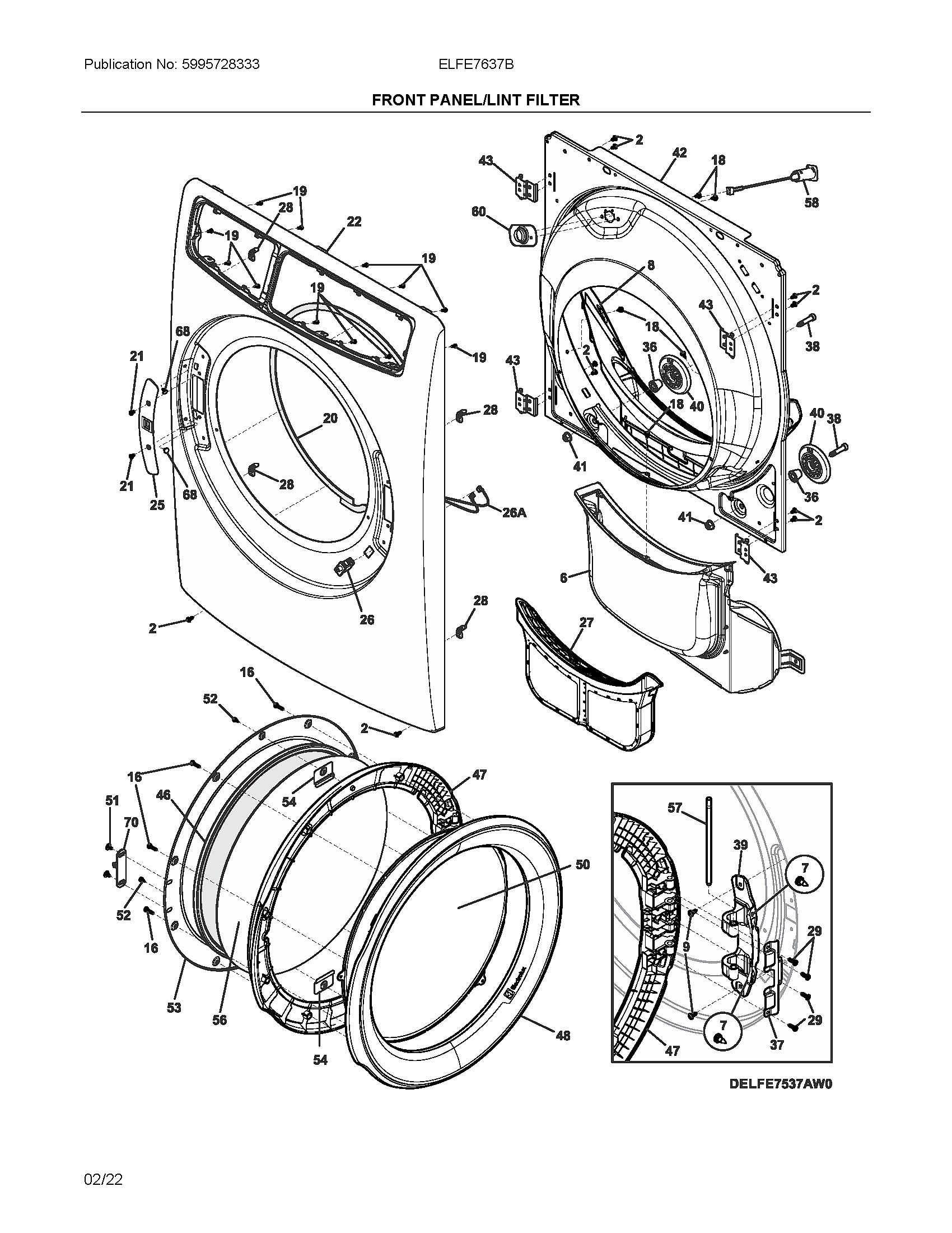 Electrolux ELFE7637BT0 front panel/lint filter diagram