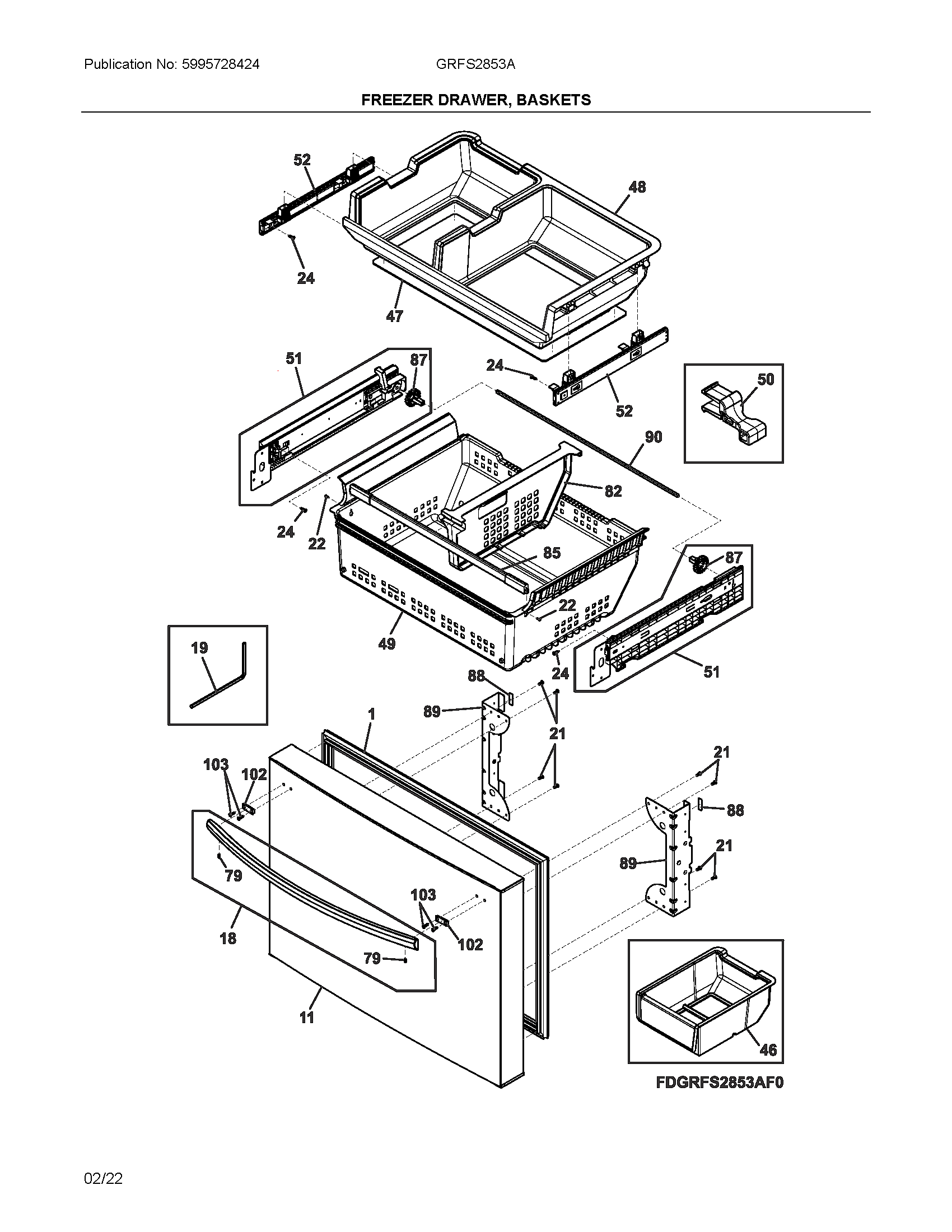 Frigidaire GRFS2853AF0 freezer drawer, baskets diagram