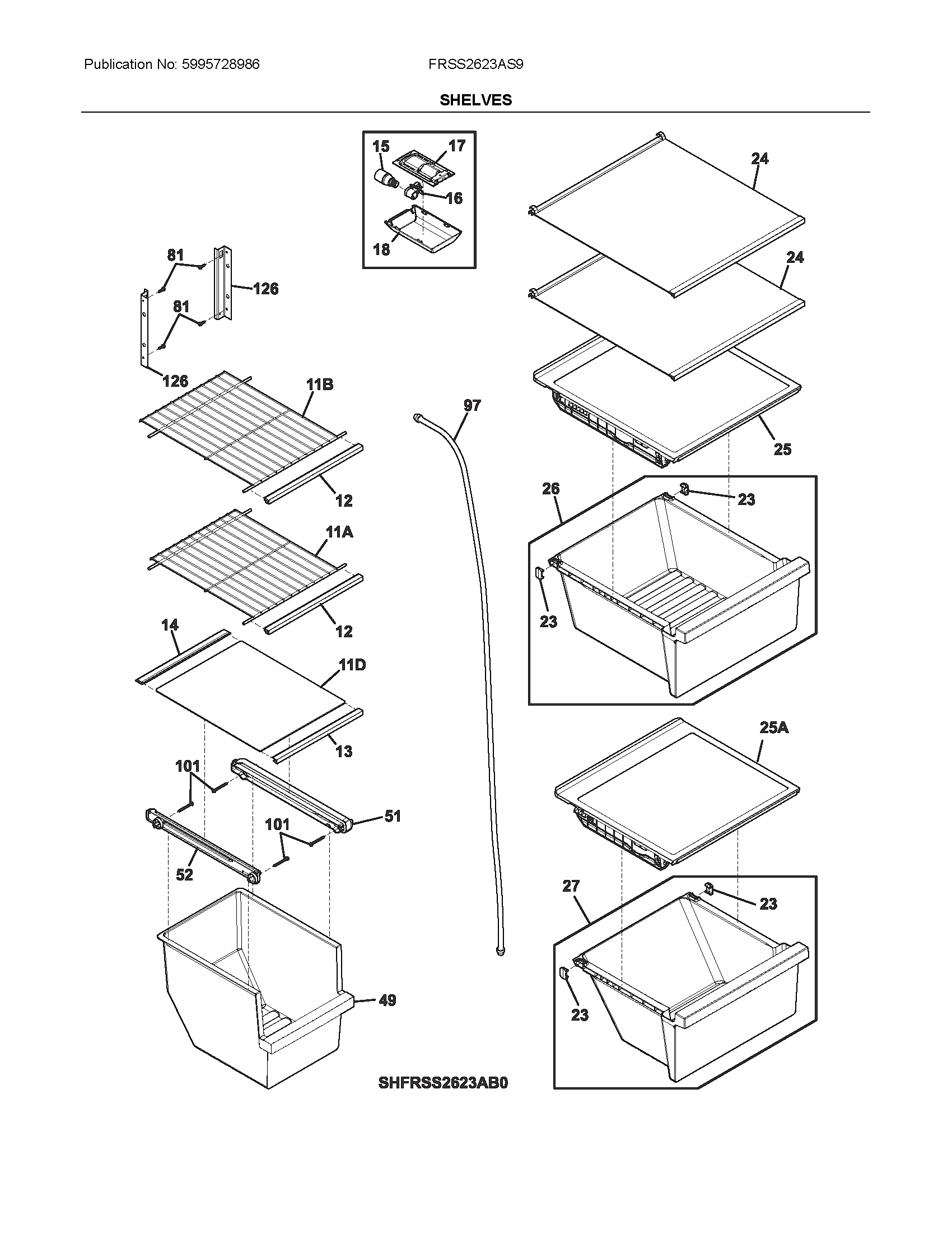 Frigidaire FRSS2623AS9 shelves diagram