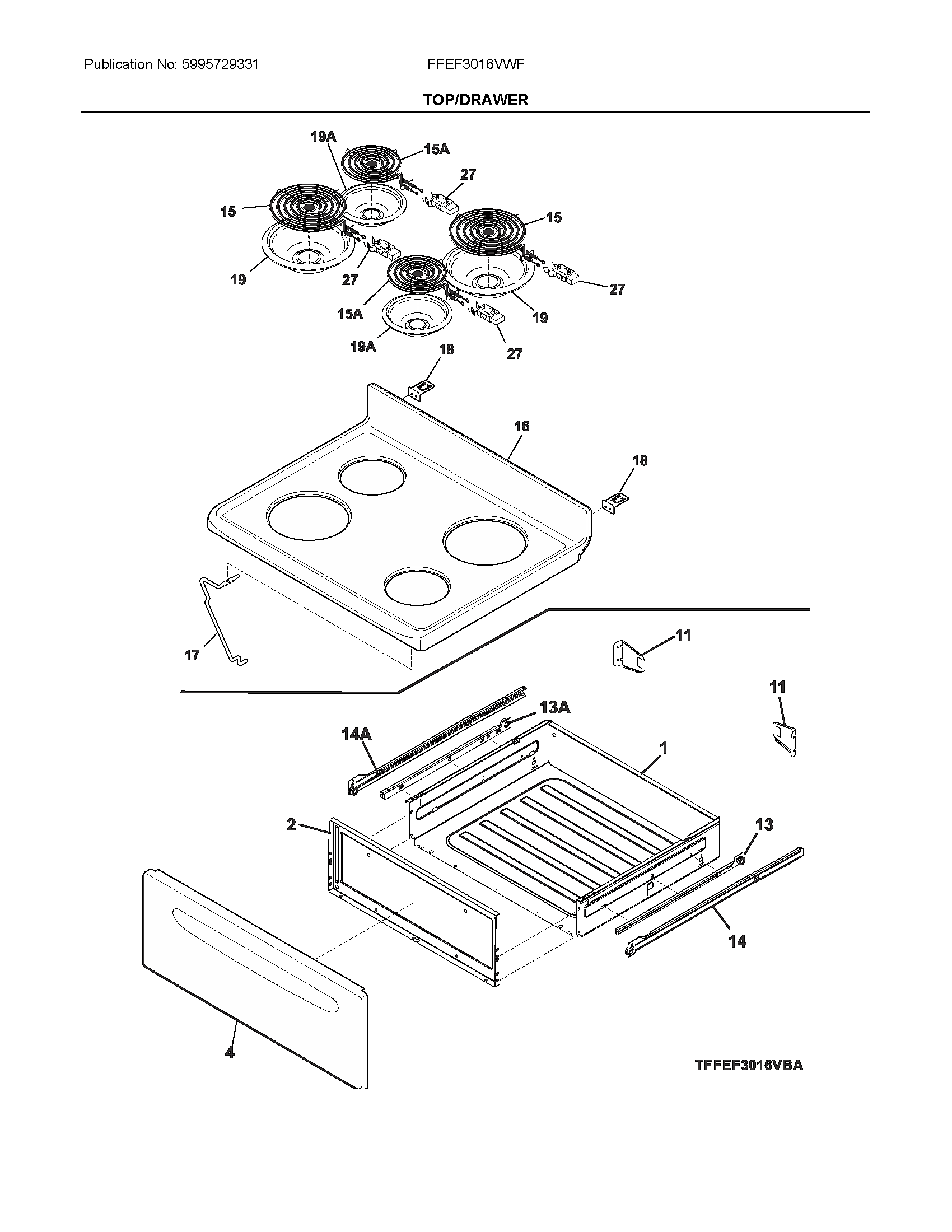 Frigidaire FFEF3016VWF top/drawer diagram