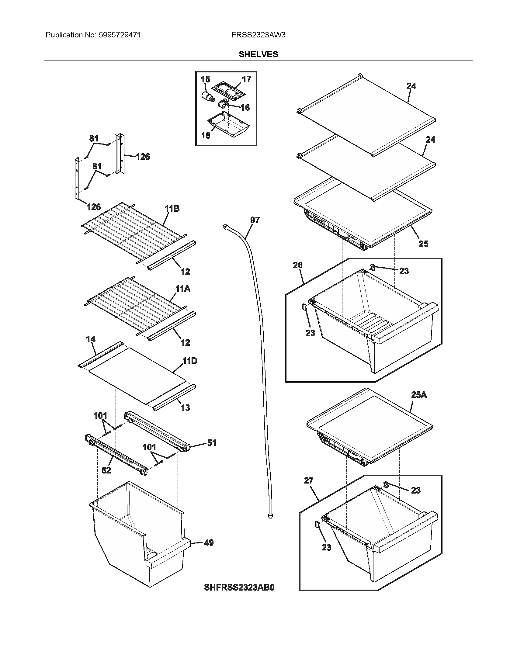 Frigidaire FRSS2323AW3 shelves diagram