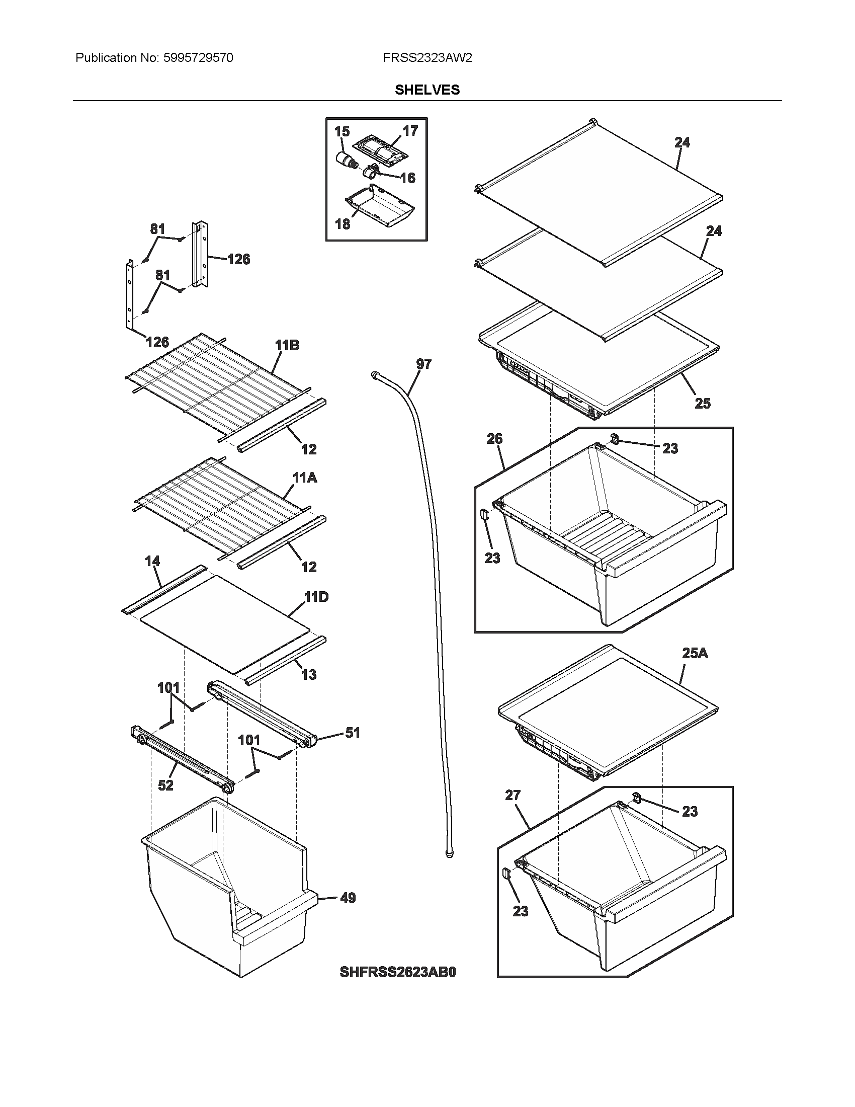 Frigidaire FRSS2323AW2 shelves diagram