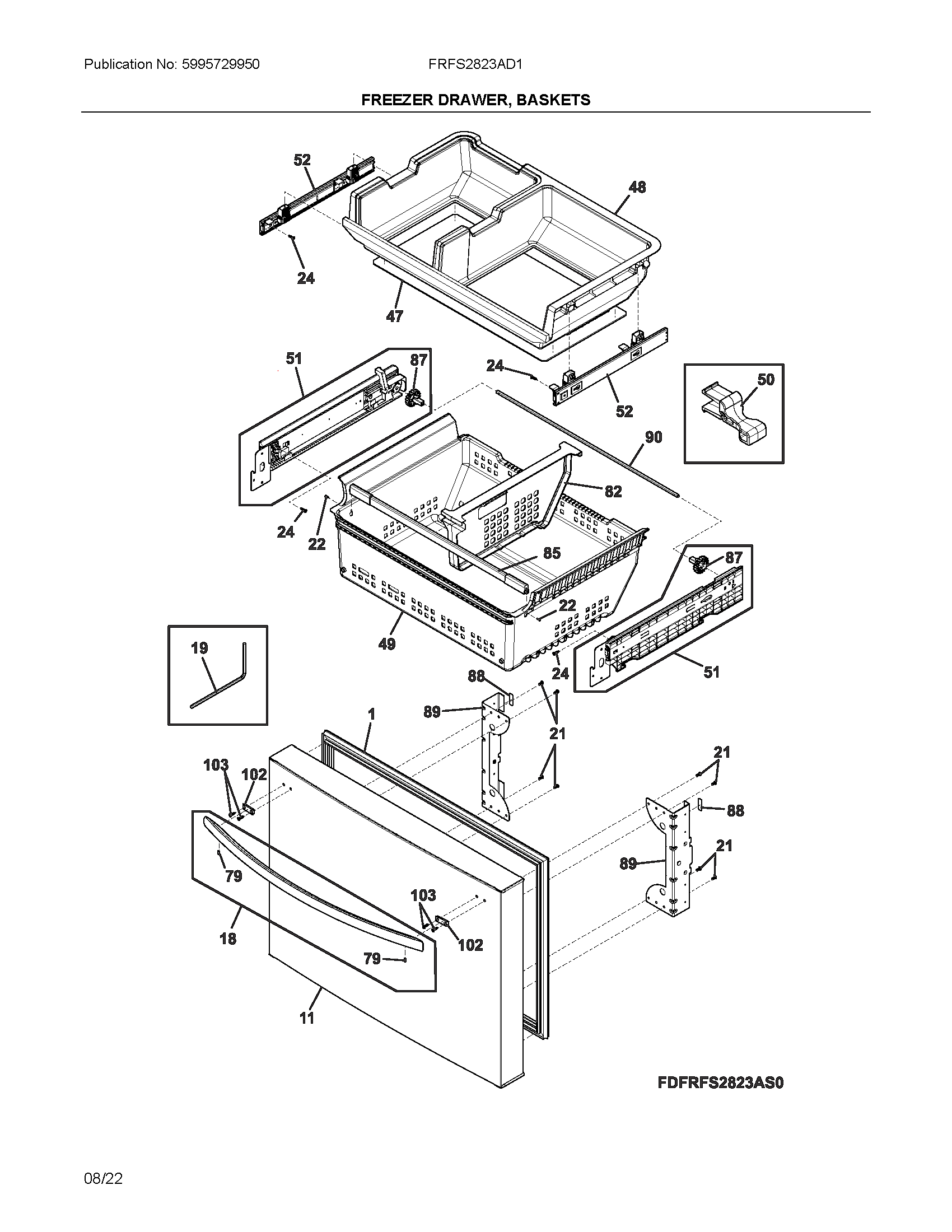 Frigidaire FRFS2823AD1 freezer drawer, basket diagram