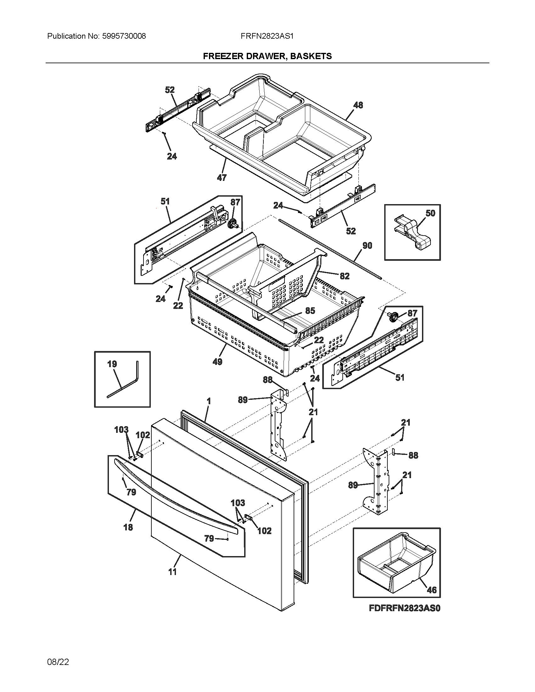 Frigidaire FRFN2823AS1 freezer drawer, baskets diagram