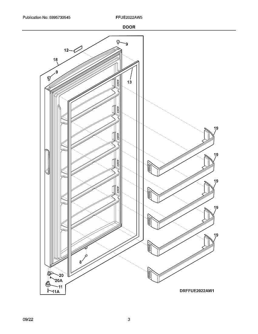 Frigidaire FFUE2022AW5 door diagram
