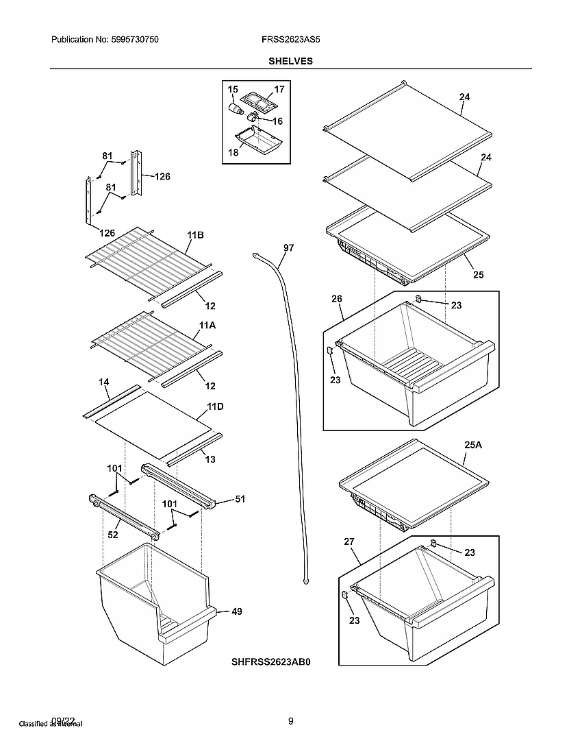 Frigidaire FRSS2623AS5 shelves diagram