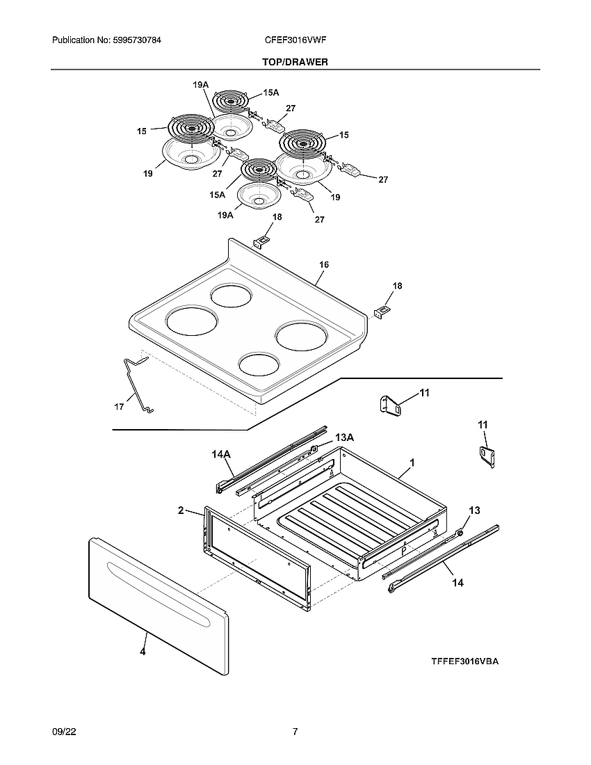 Frigidaire CFEF3016VWF top/drawer diagram