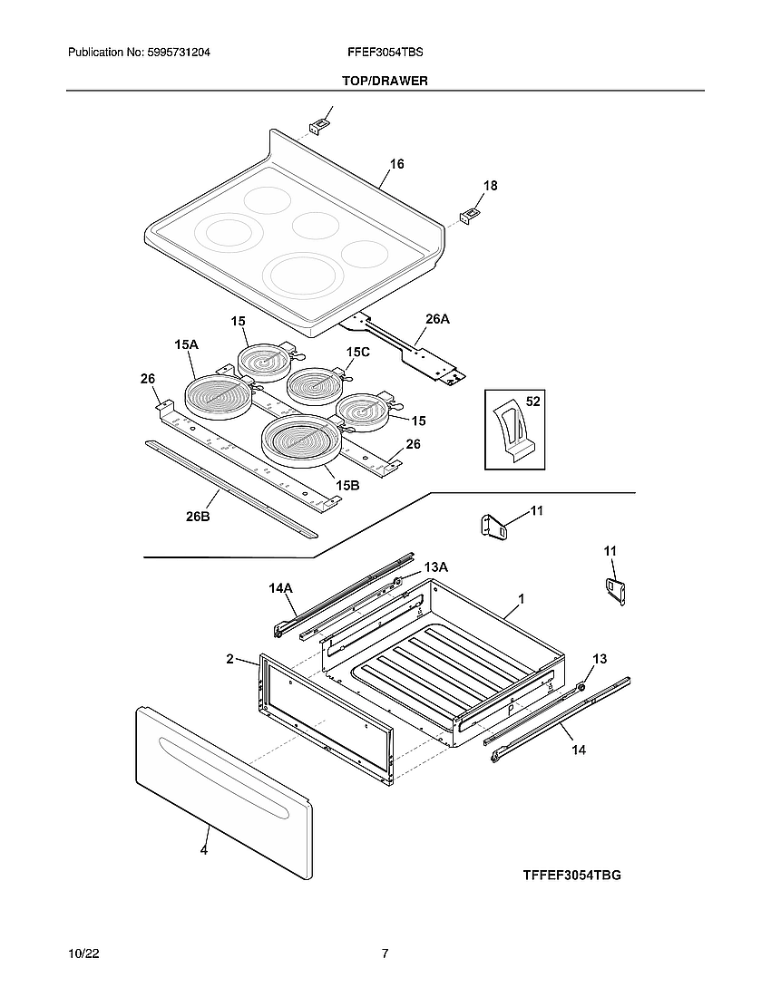 Frigidaire FFEF3054TBS top/drawer diagram