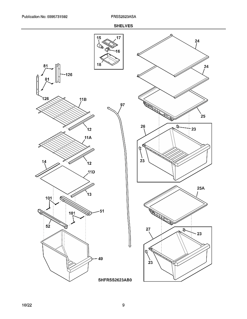Frigidaire FRSS2623ASA shelves diagram