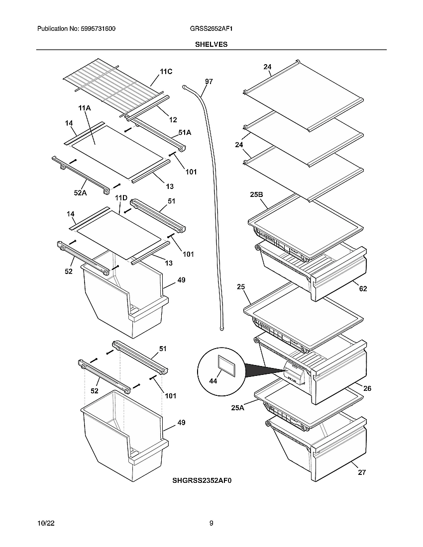 Frigidaire GRSS2652AF1 shelves diagram
