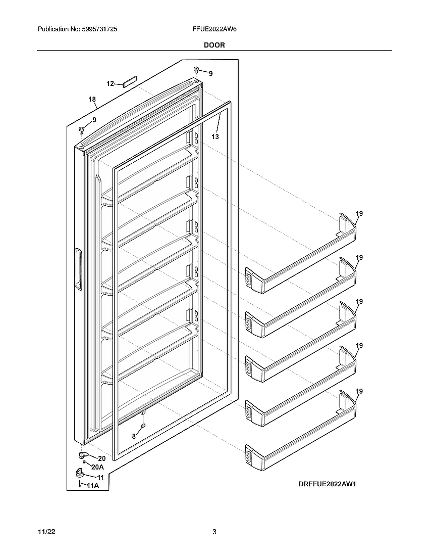 Frigidaire FFUE2022AW6 door diagram