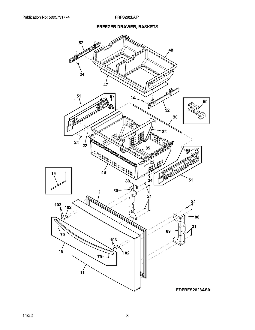 Frigidaire FRFS282LAF1 freezer drawer, baskets diagram