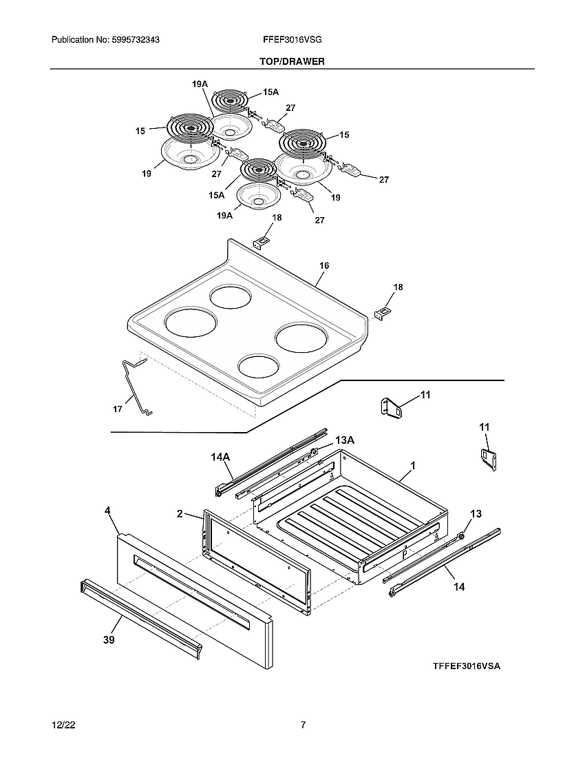 Frigidaire FFEF3016VSG top/drawer diagram