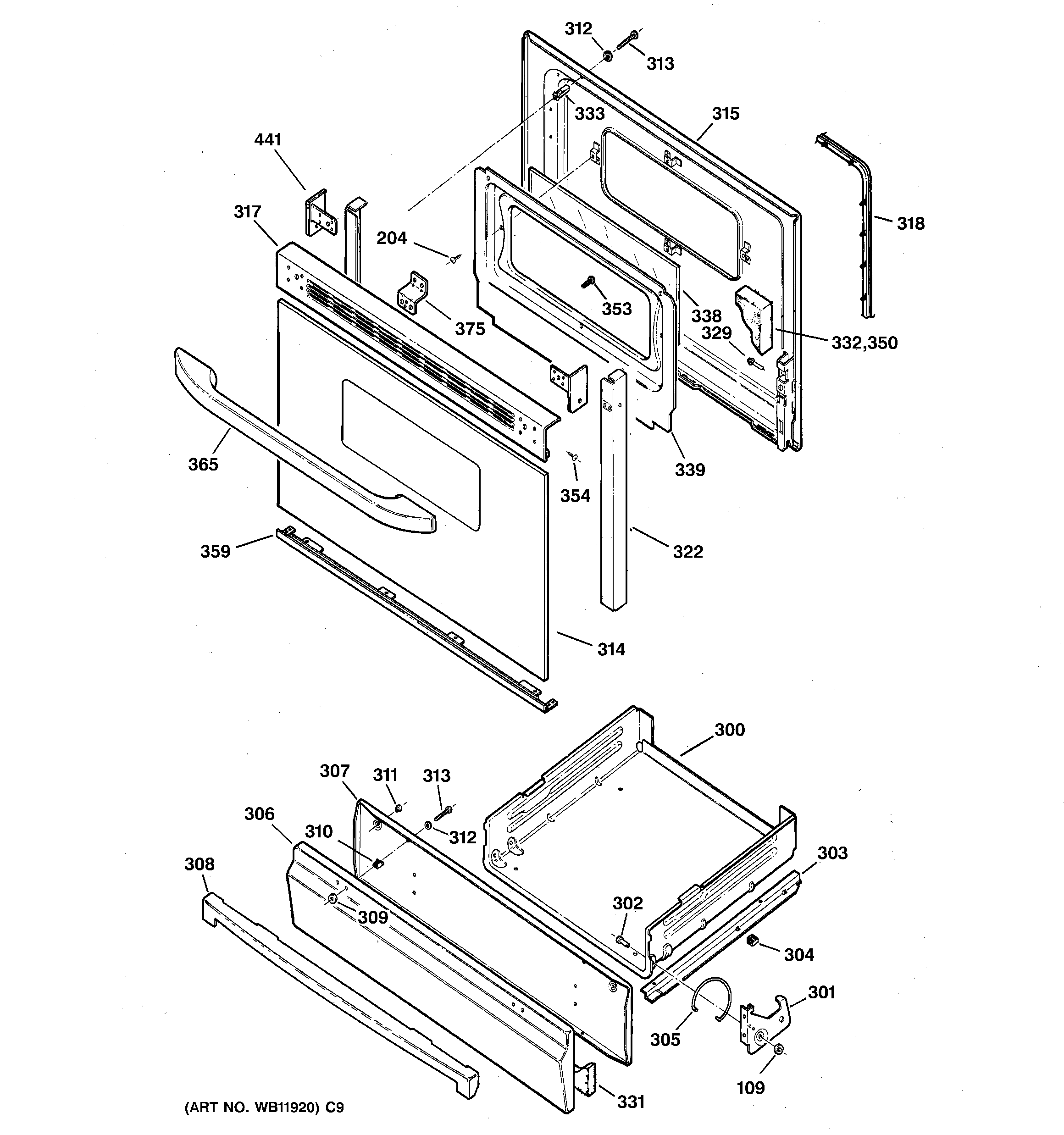 Kenmore 36273220205 door & drawer parts diagram