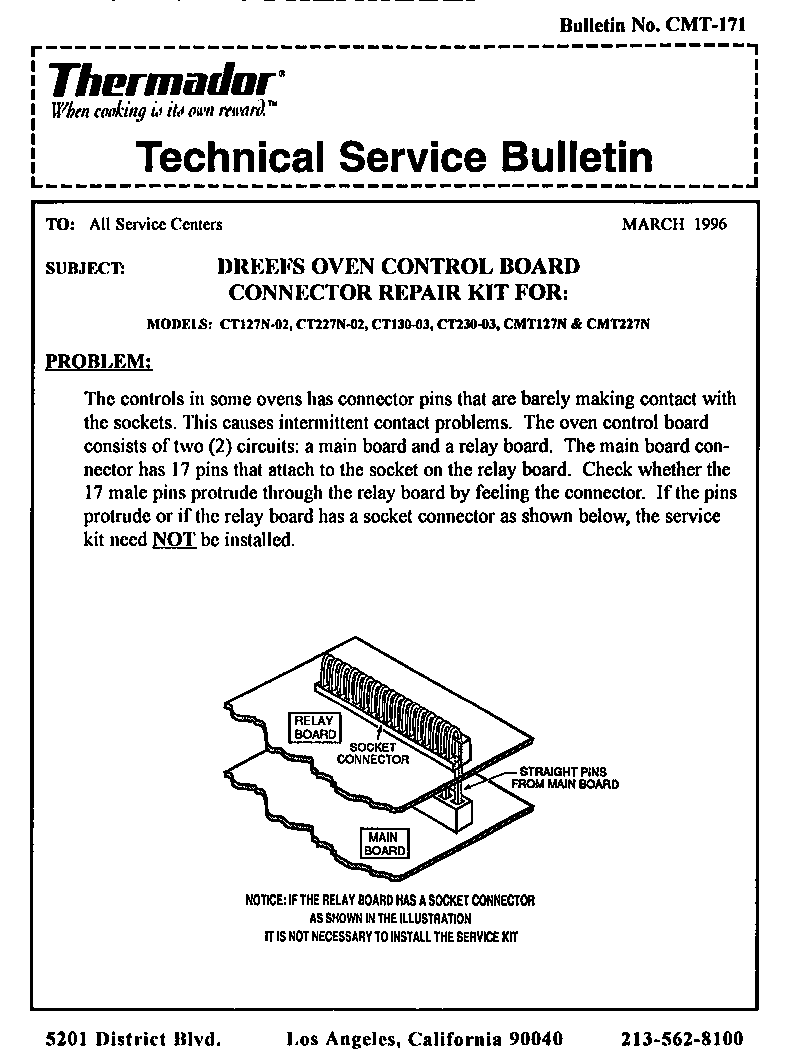 Thermador CT130 technical service bulletin diagram