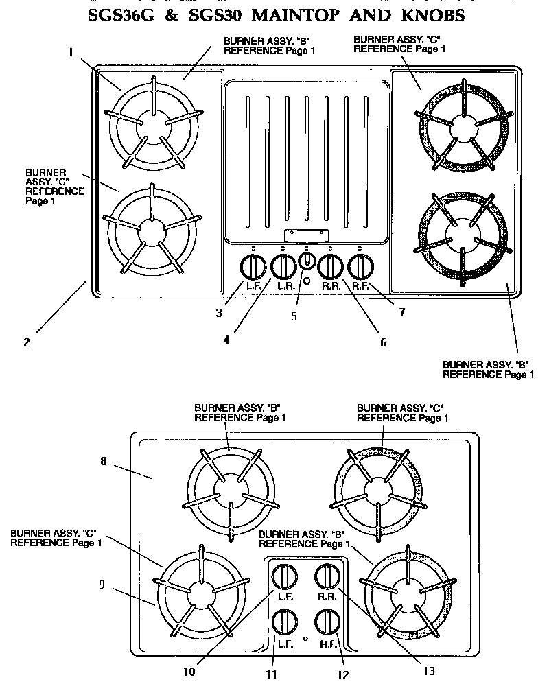 Thermador SGSCV36GW maintop & knobs diagram