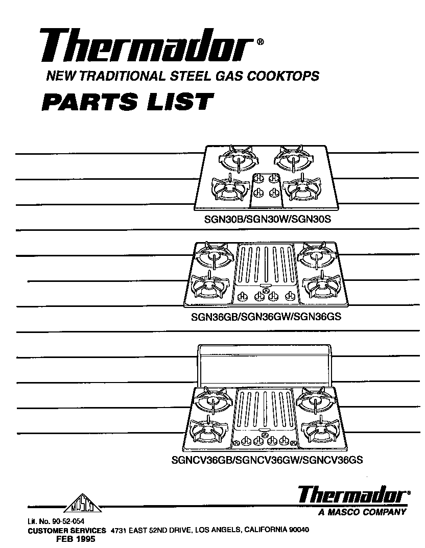 Thermador SGN30S parts list cover sheet diagram