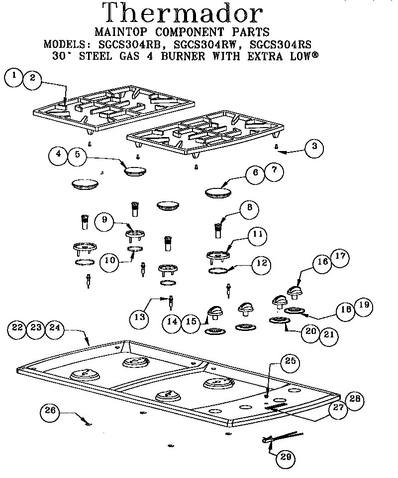 Thermador SGCS304RB maintop component parts diagram