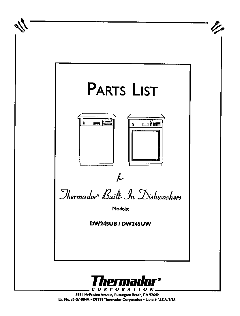 Thermador DW245UW cover diagram