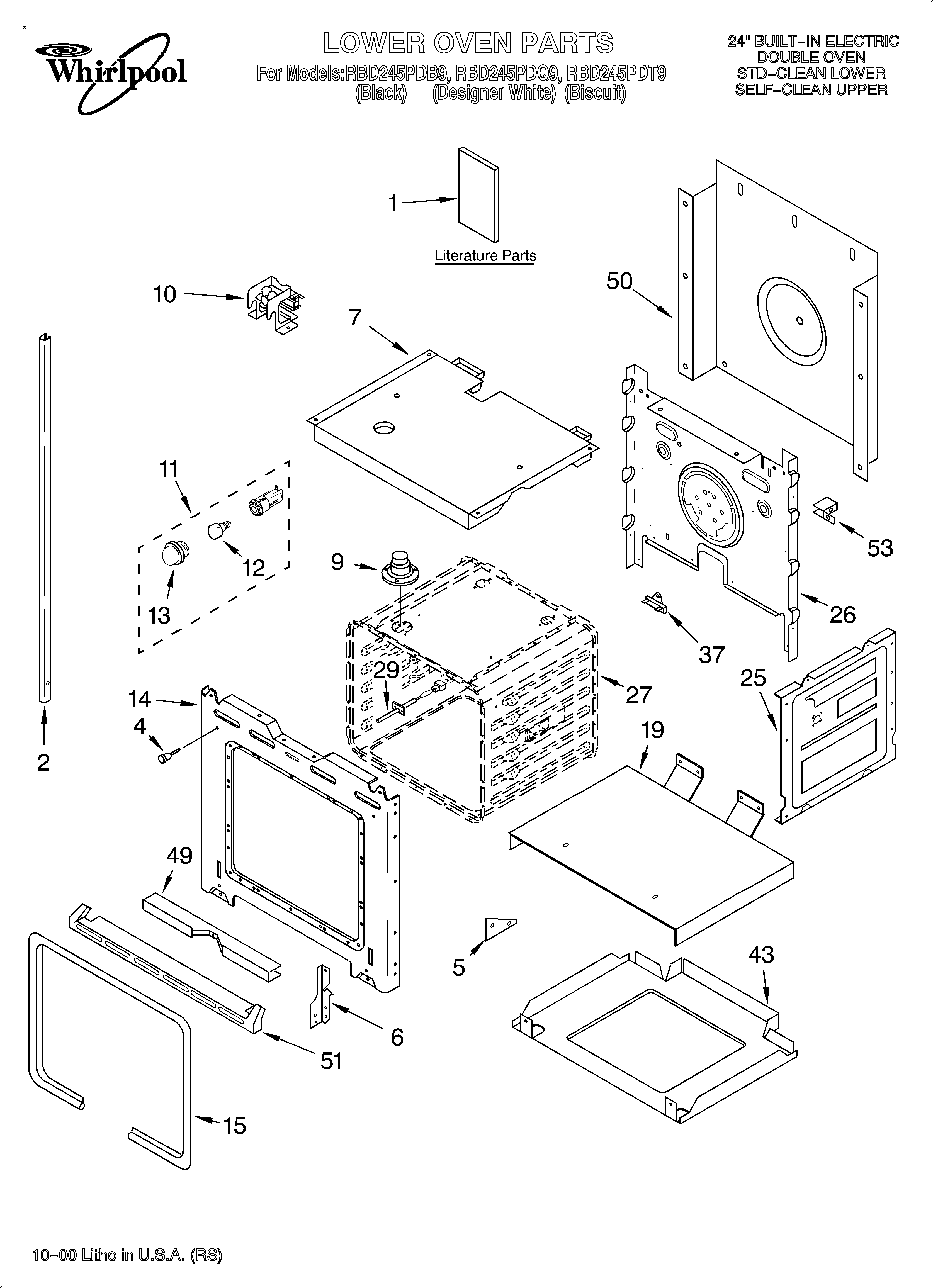 Whirlpool RBD245PDT9 lower oven/literature diagram