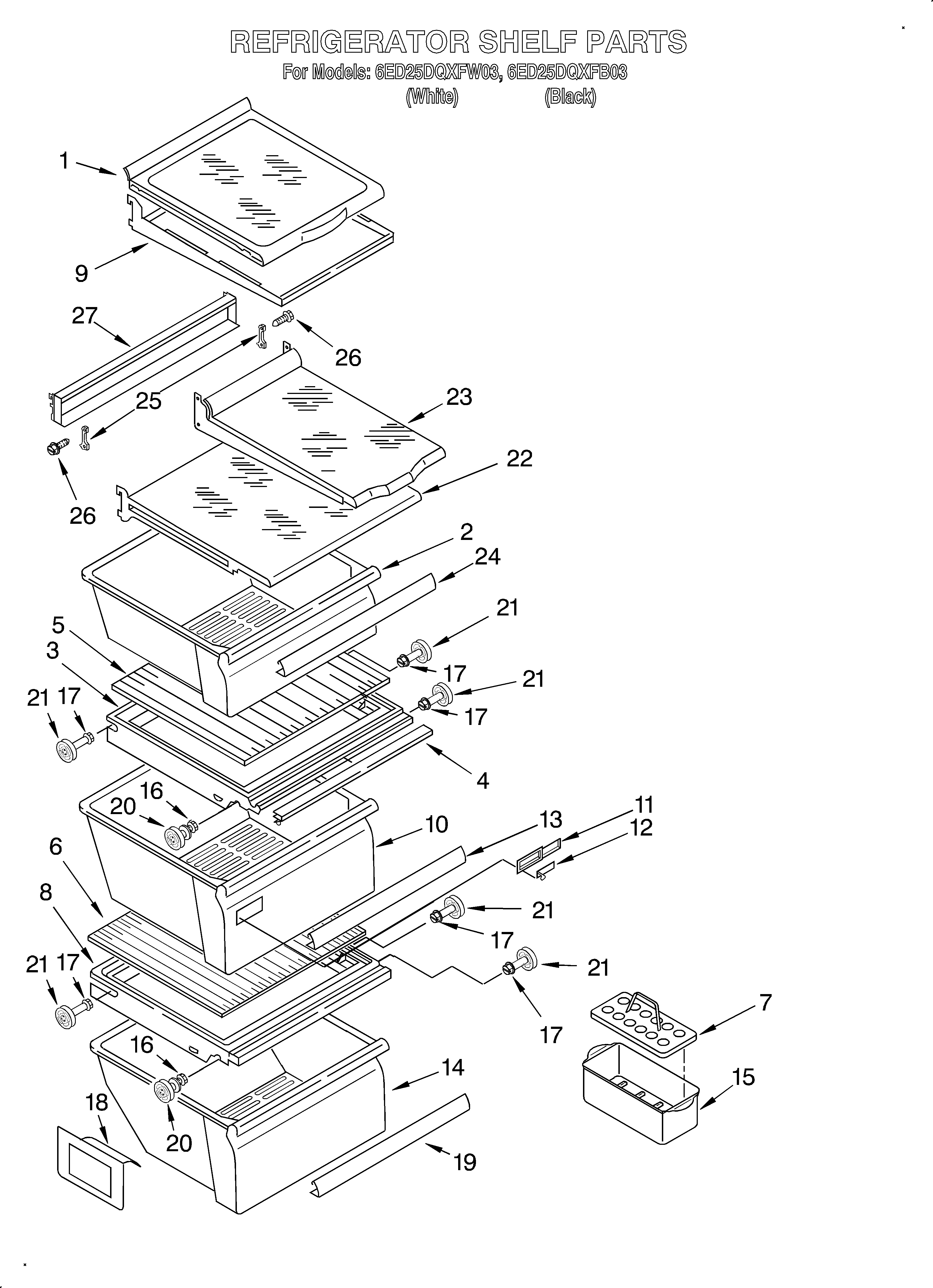 Whirlpool 6ED25DQXFB03 refrigerator shelf diagram