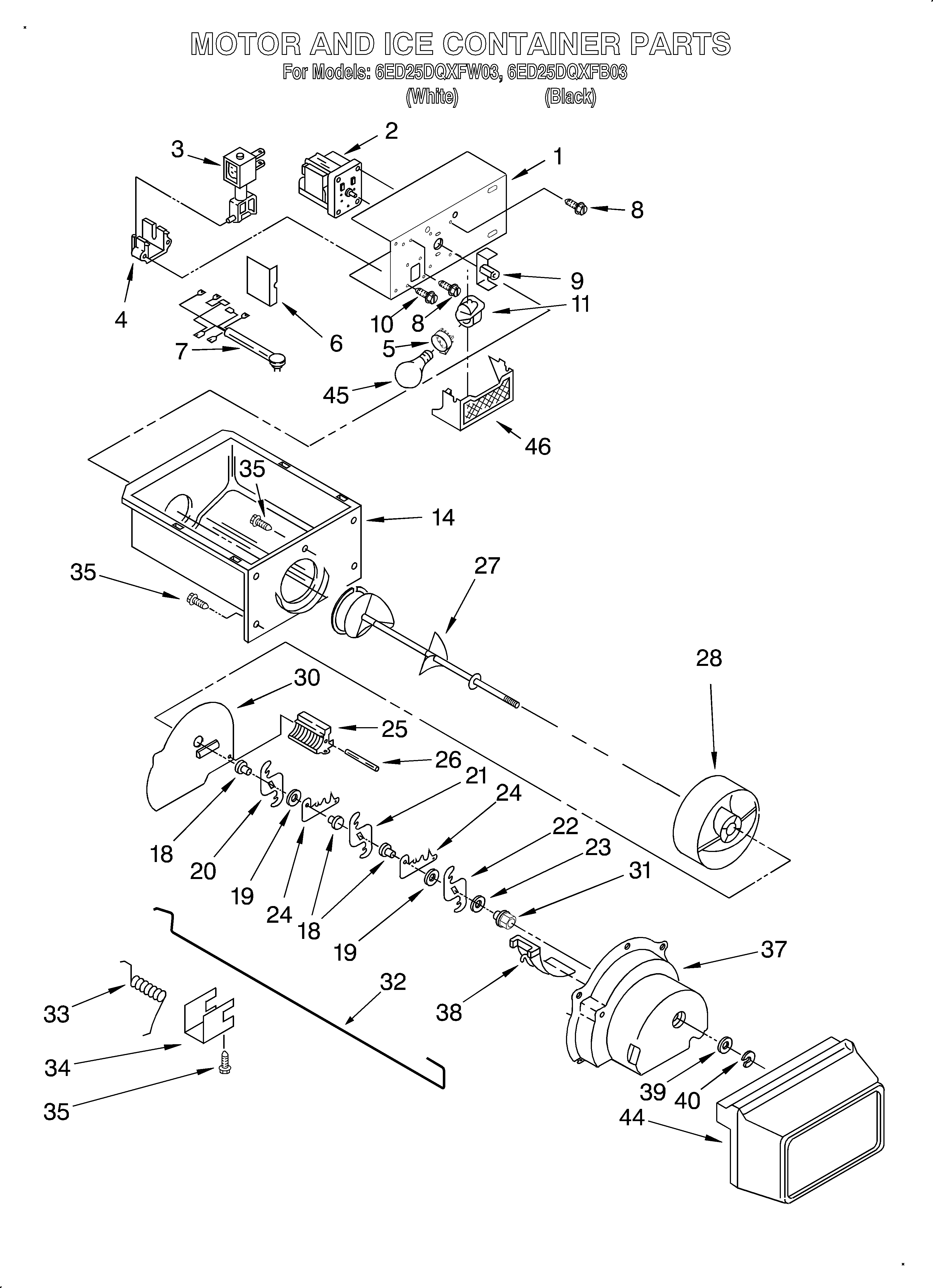 Whirlpool 6ED25DQXFB03 motor & ice container diagram
