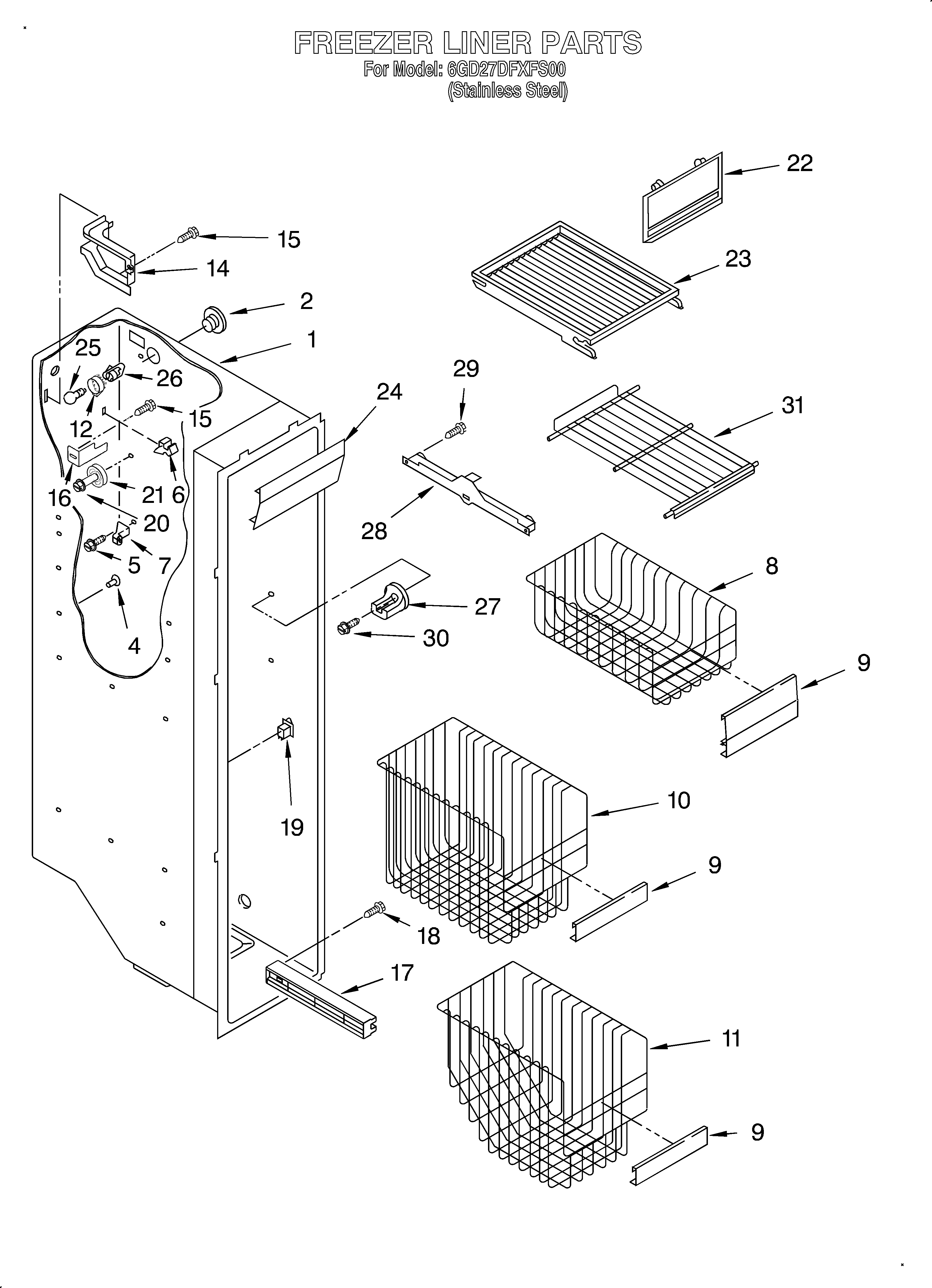 Whirlpool 6GD27DFXFS00 freezer liner diagram