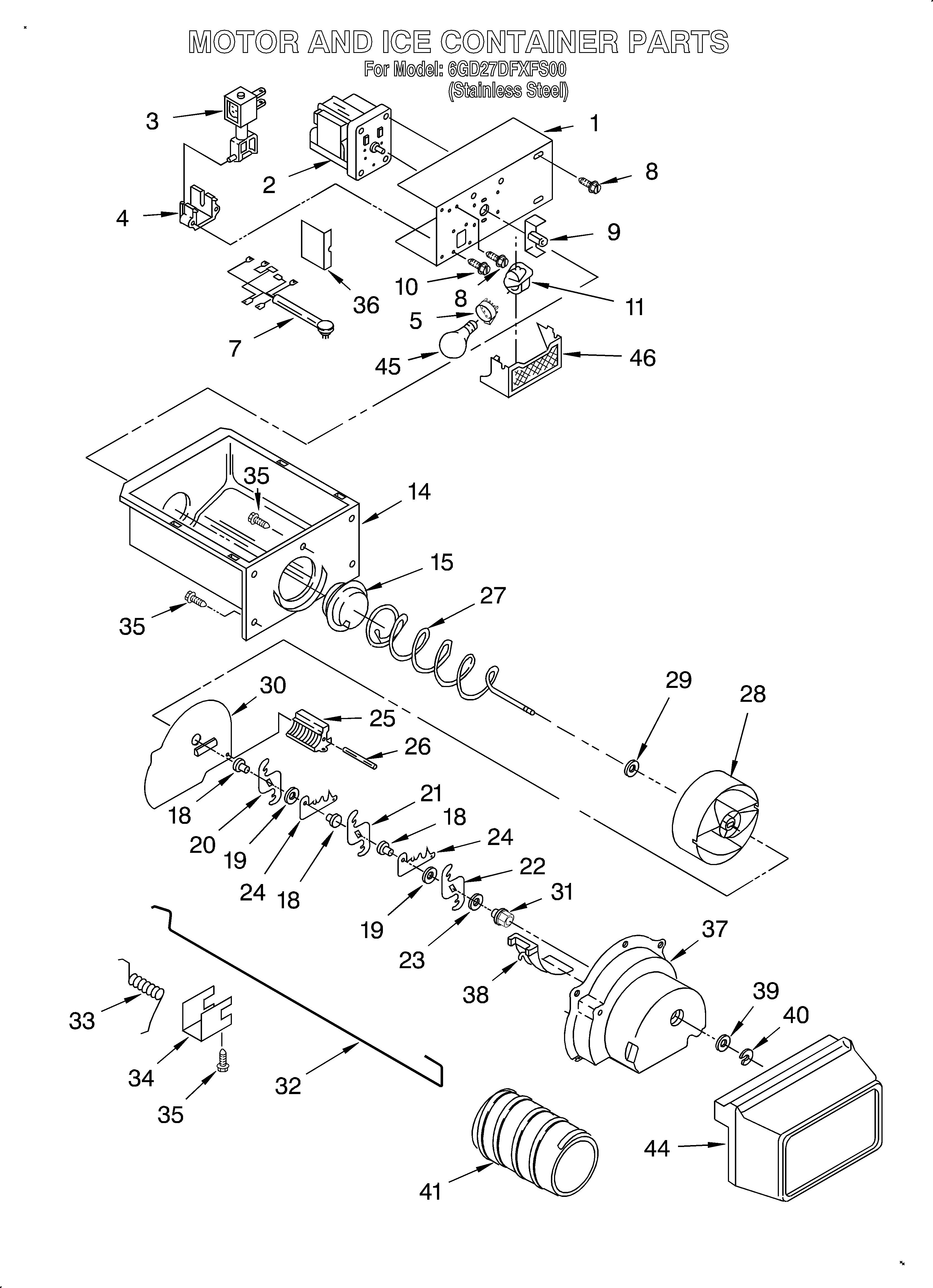 Whirlpool 6GD27DFXFS00 motor and ice container diagram