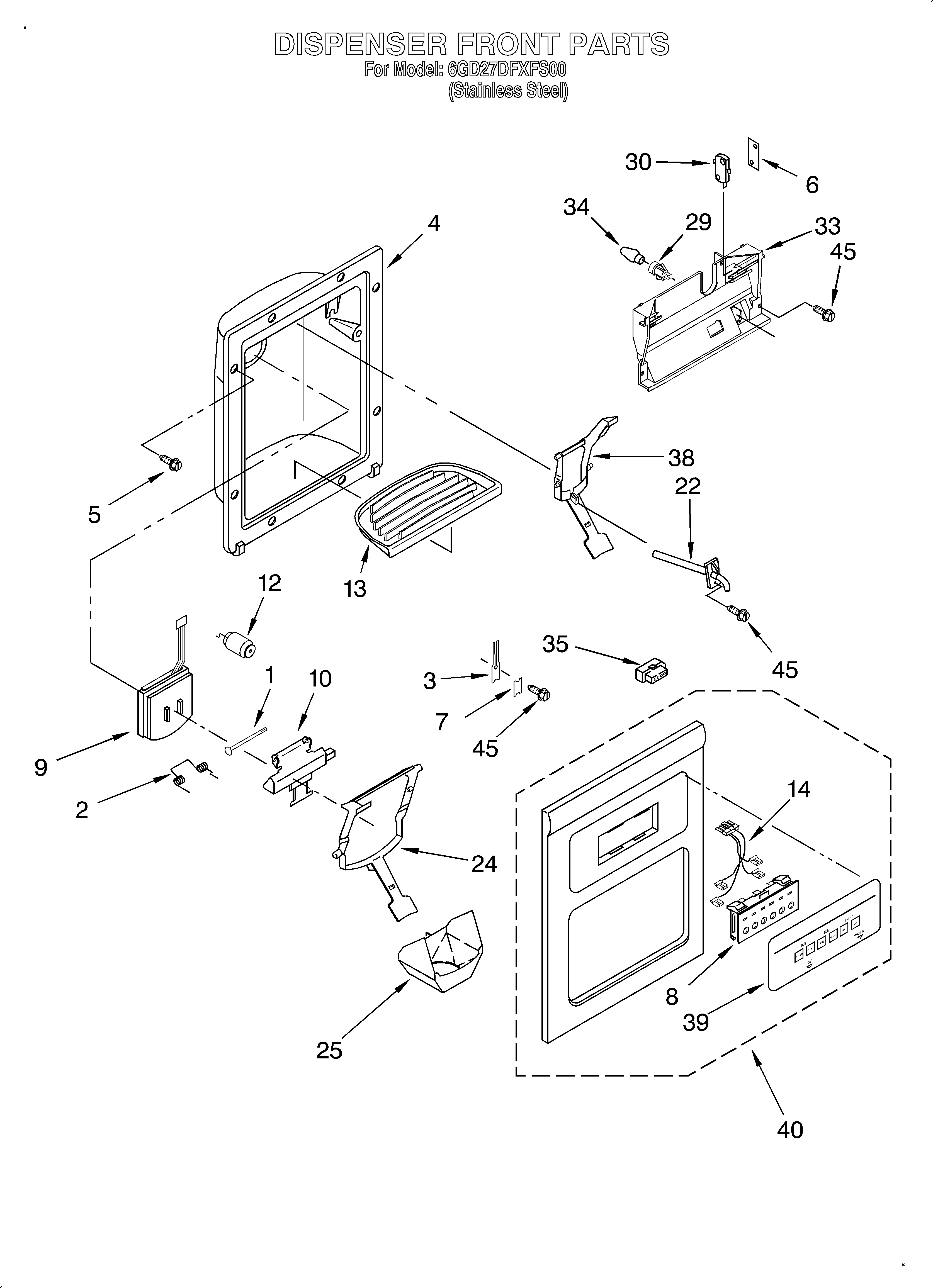 Whirlpool 6GD27DFXFS00 dispenser front diagram