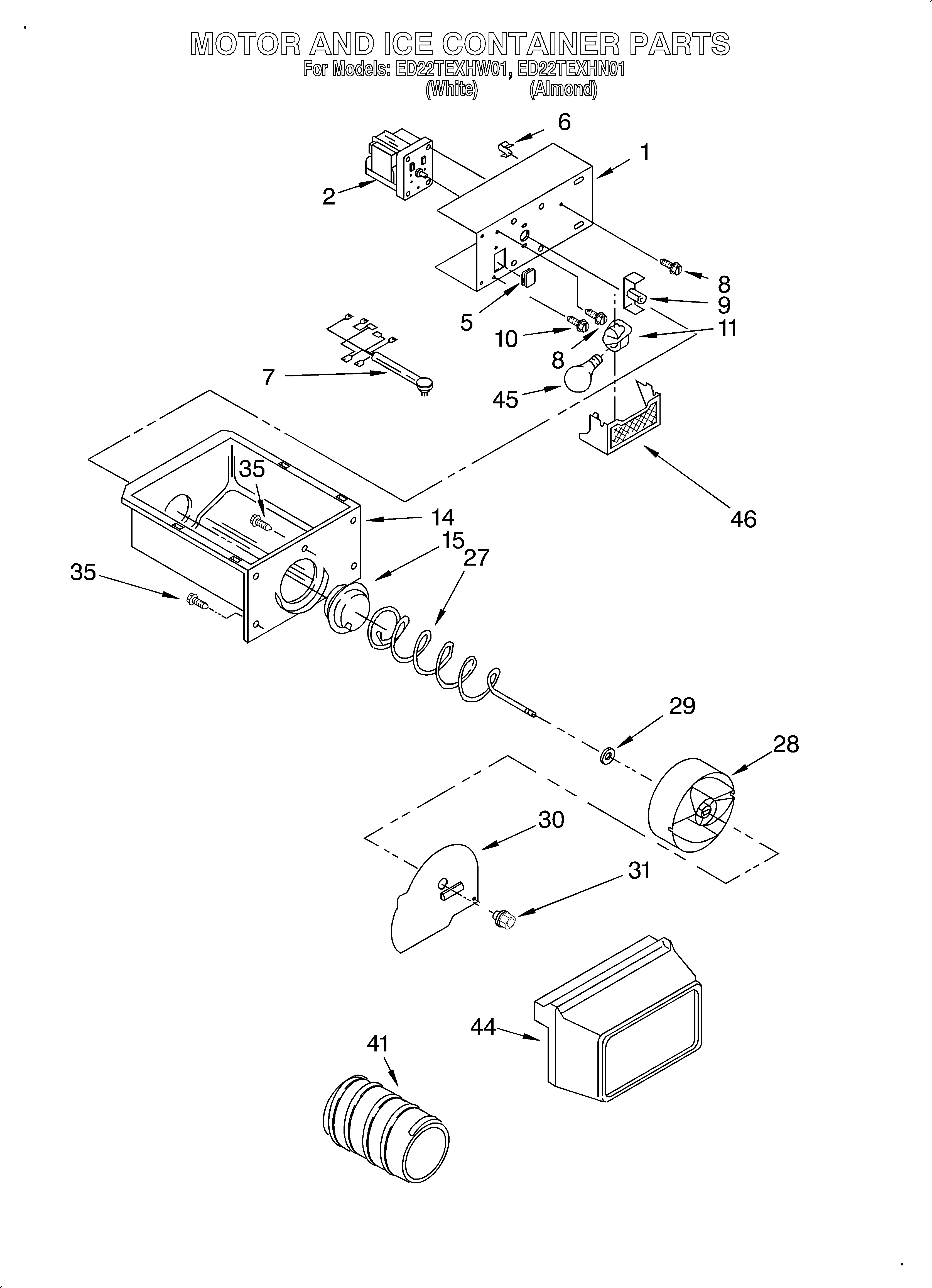 Whirlpool ED22TEXHN01 motor and ice container diagram