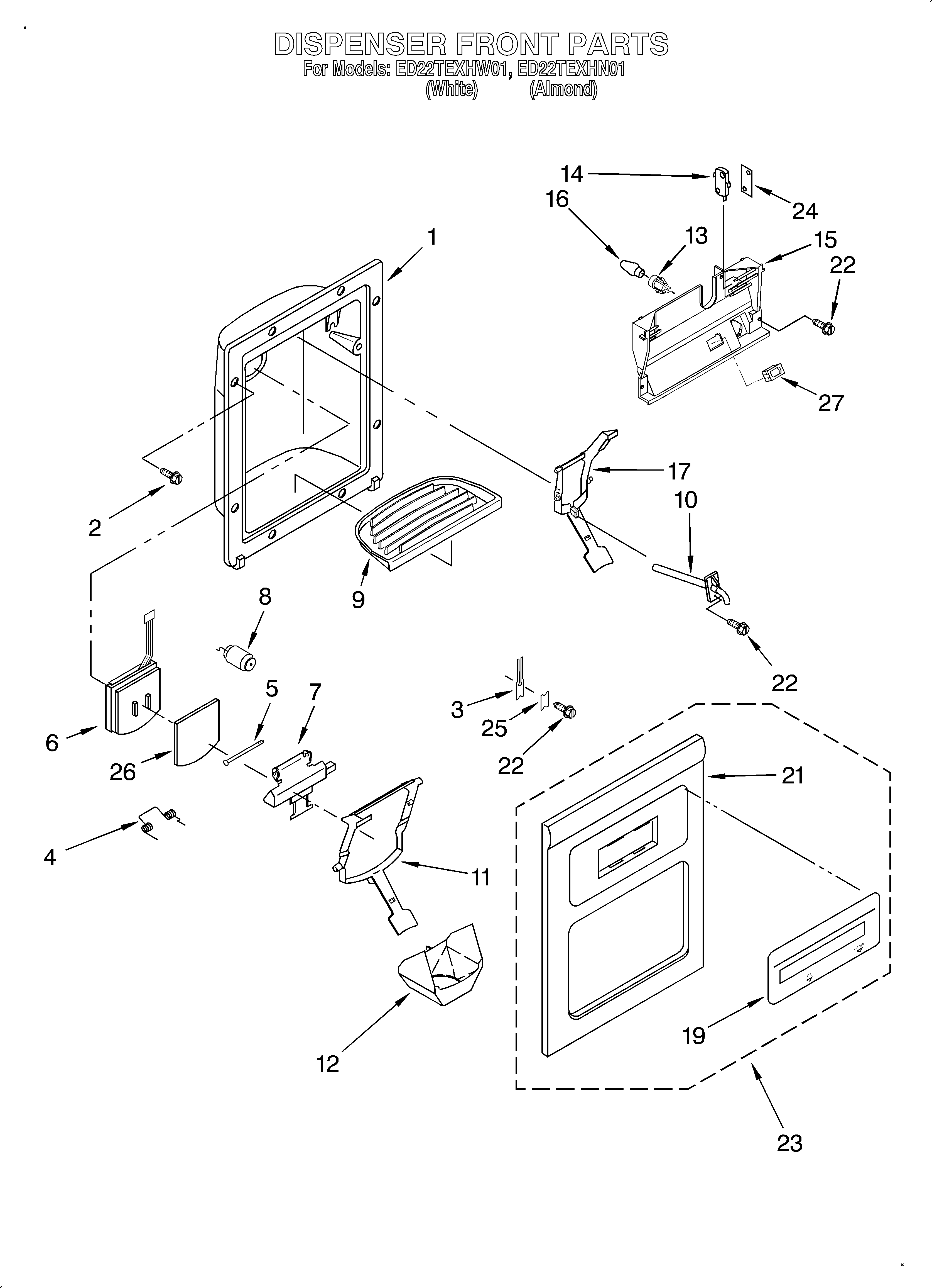 Whirlpool ED22TEXHN01 dispenser front diagram