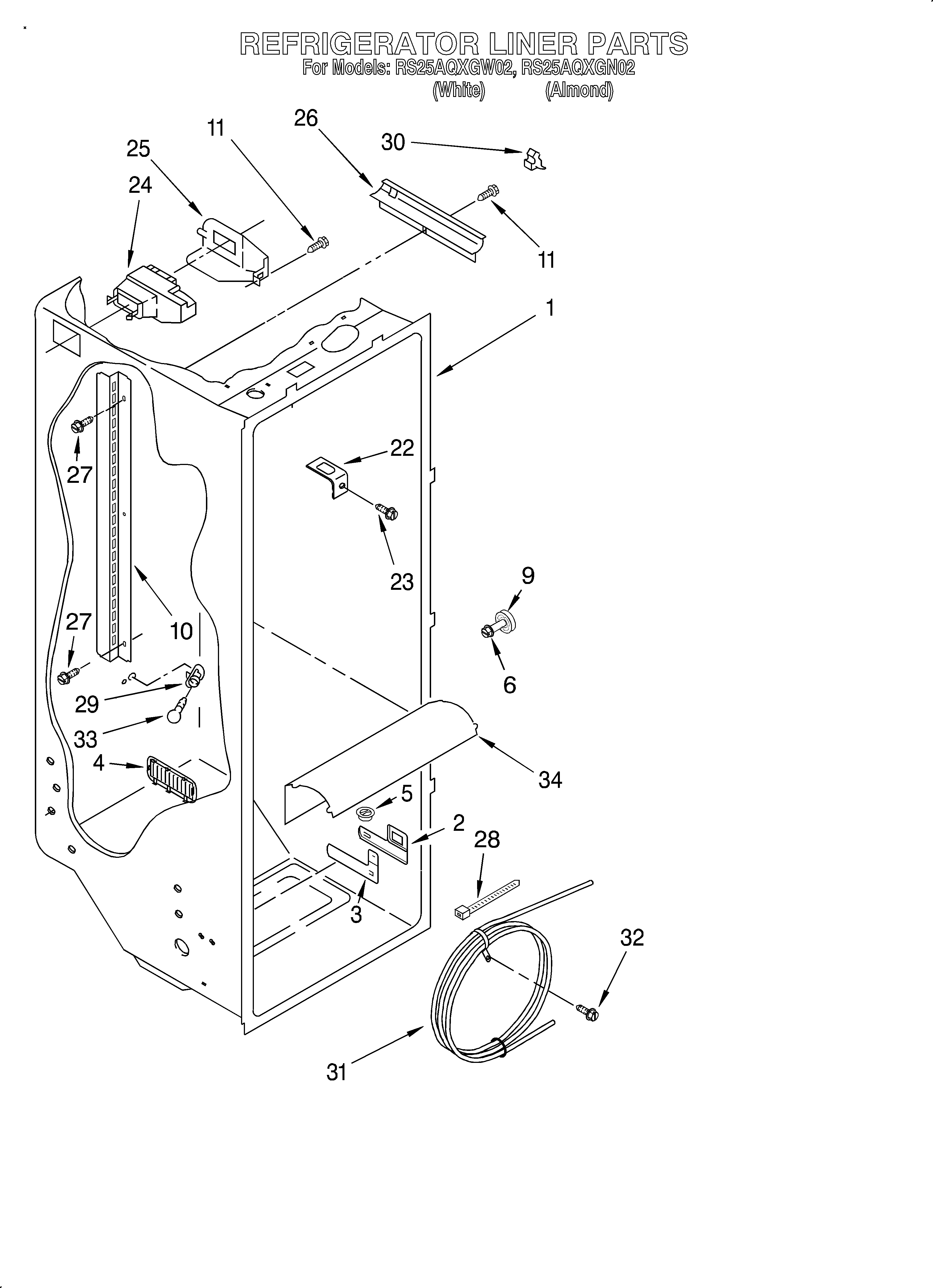 Roper RS25AQXGW02 refrigerator liner diagram