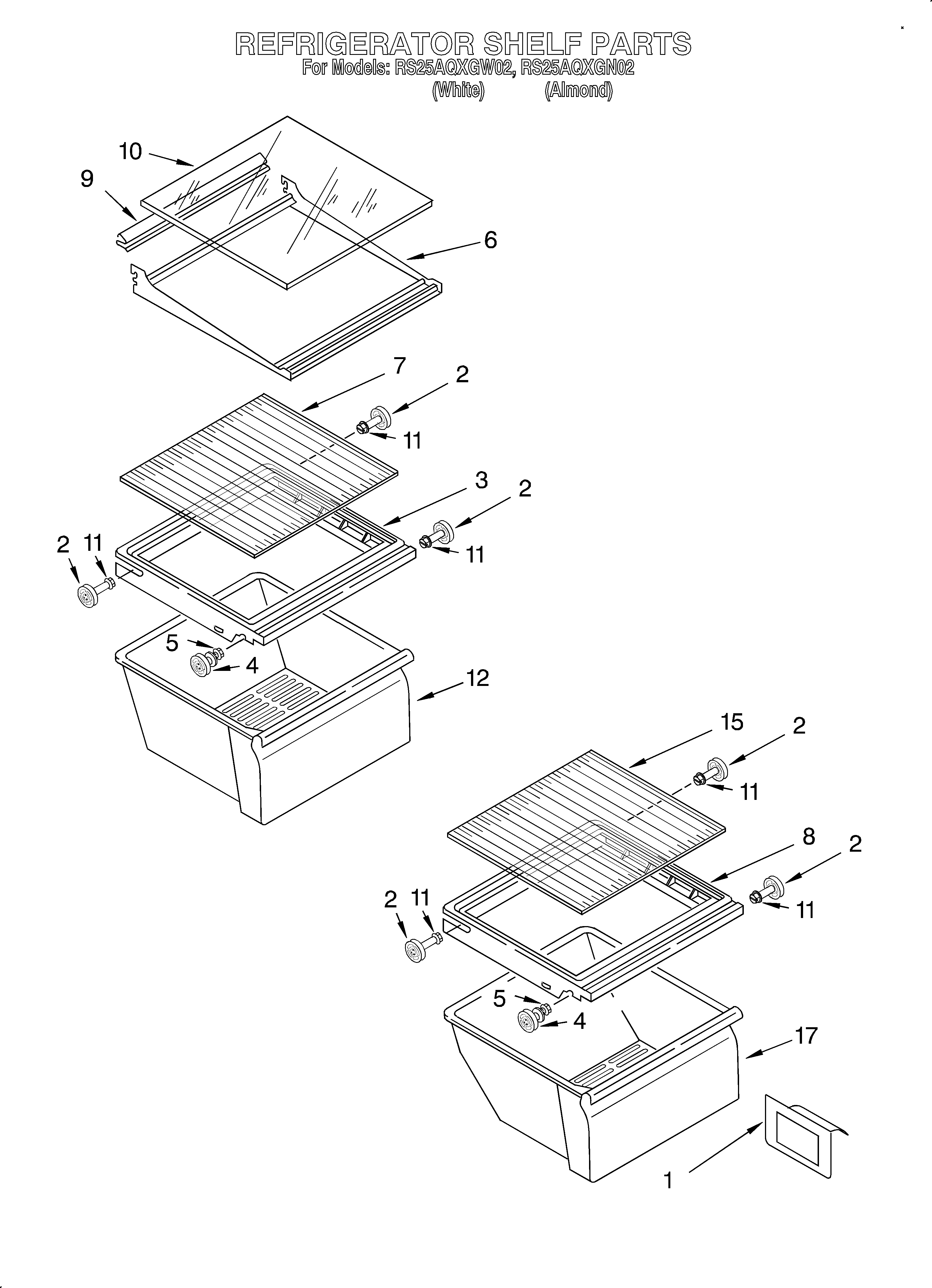 Roper RS25AQXGW02 refrigerator shelf diagram