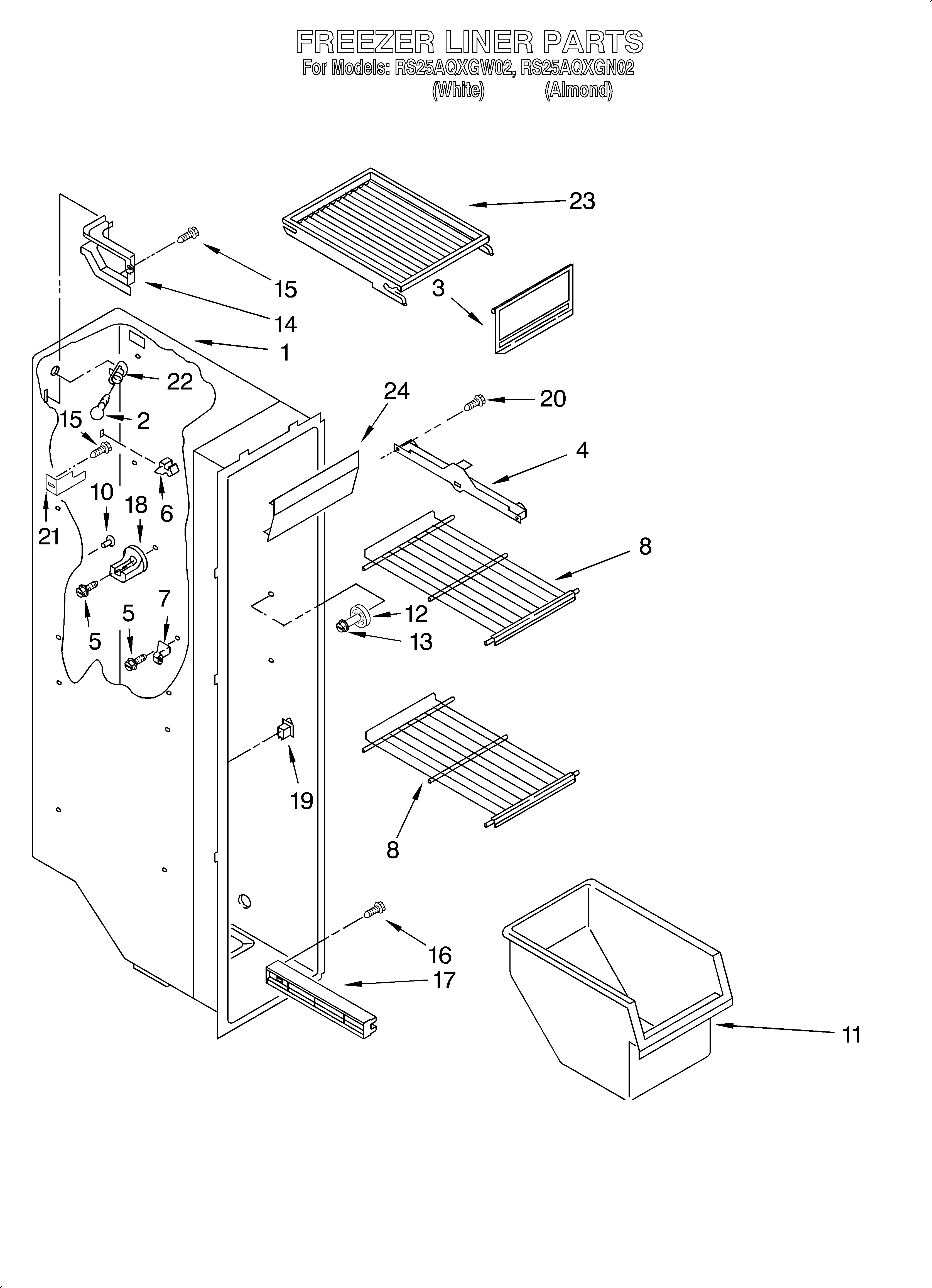 Roper RS25AQXGW02 freezer liner diagram