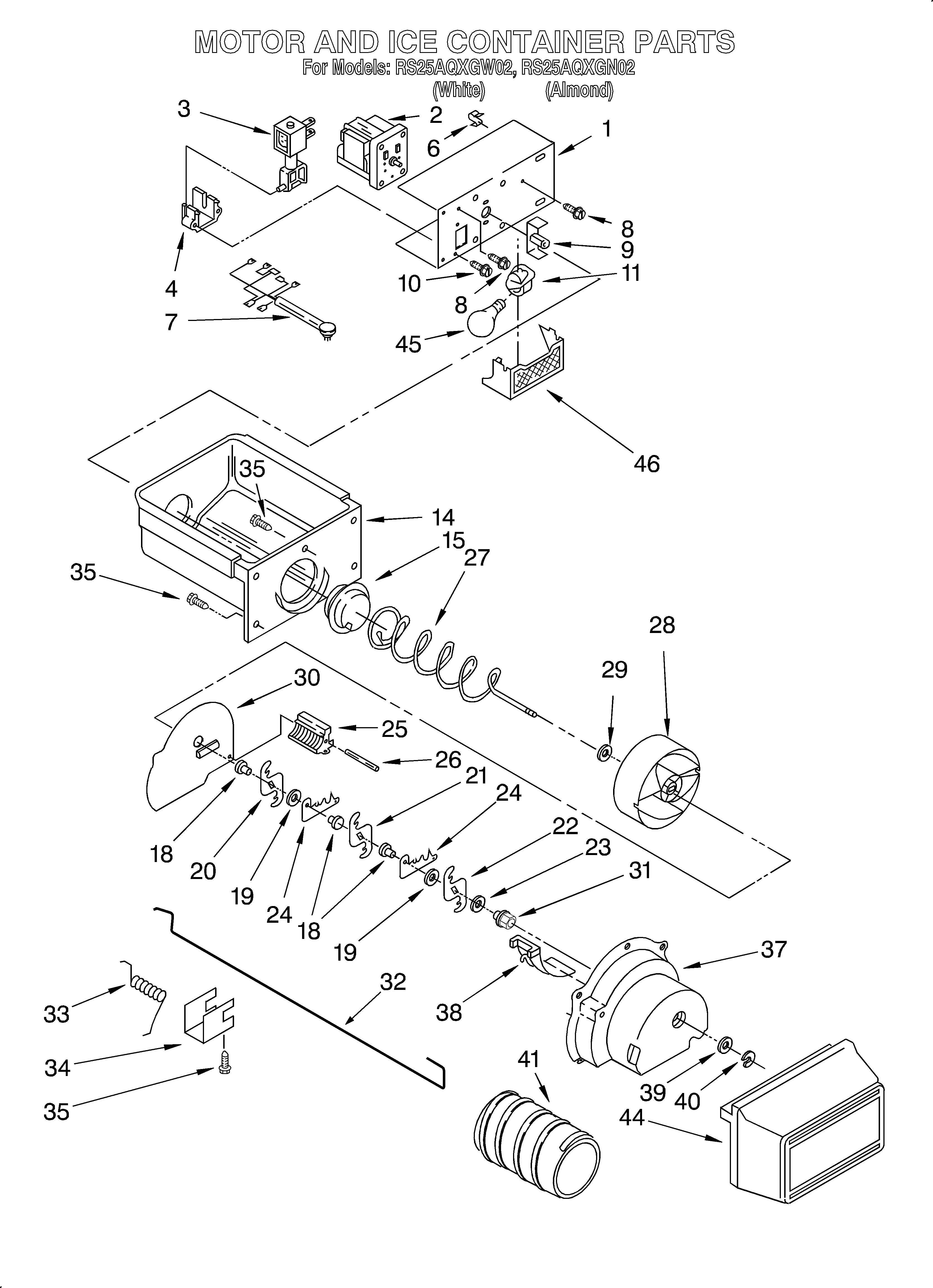 Roper RS25AQXGW02 motor and ice container diagram