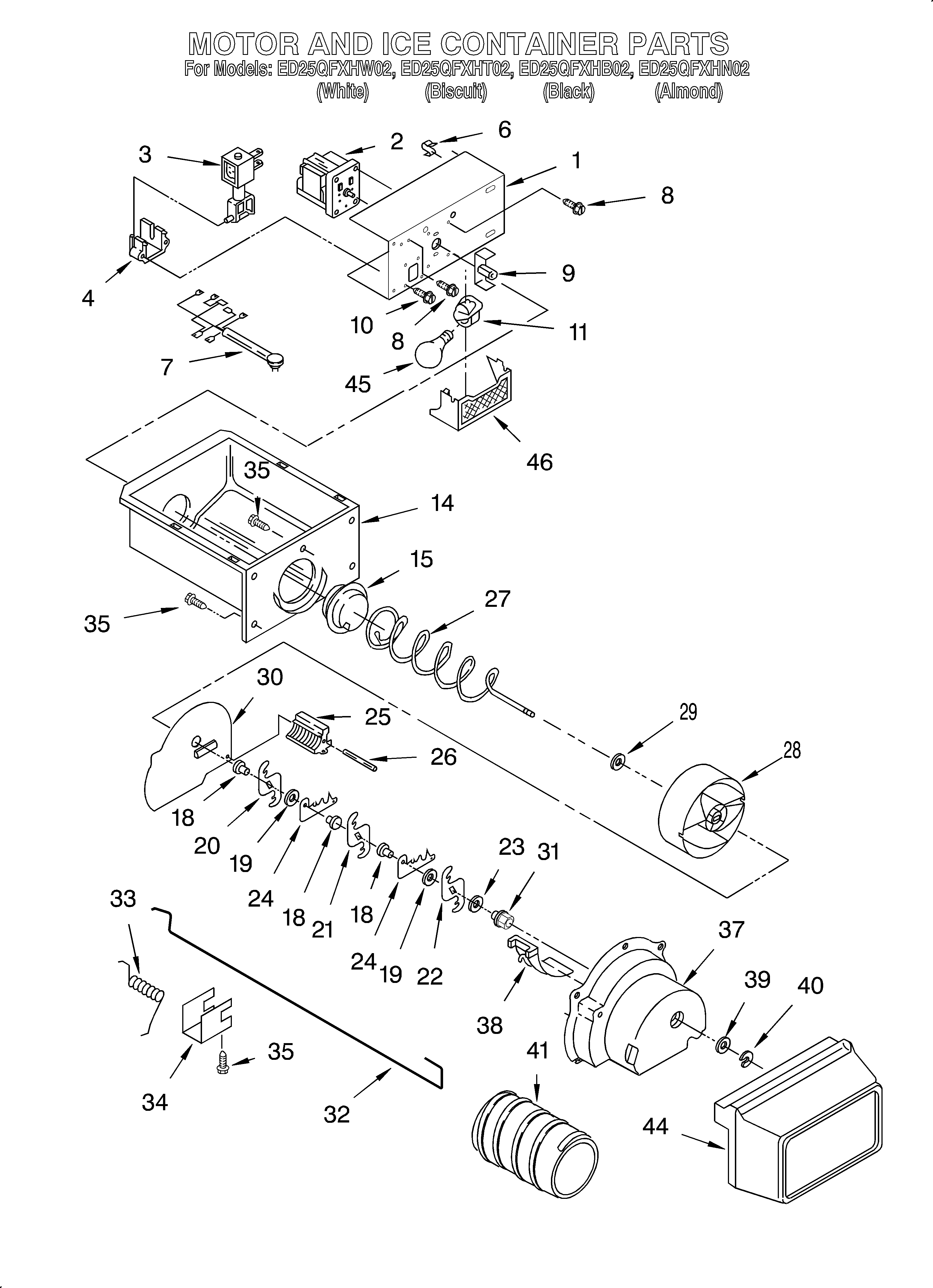Whirlpool ED25QFXHB02 motor and ice container diagram