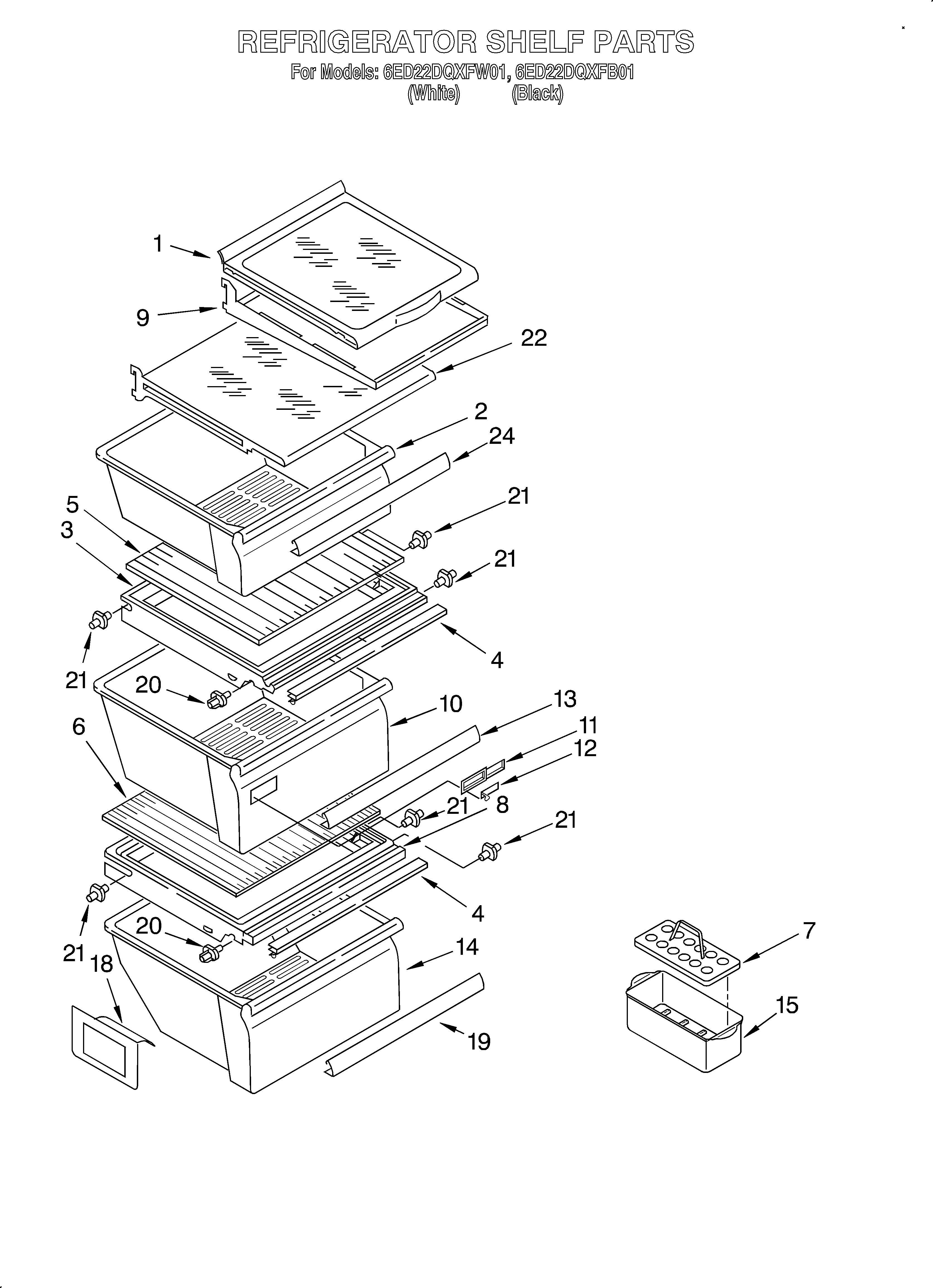 Whirlpool 6ED22DQXFW01 refrigerator shelf diagram