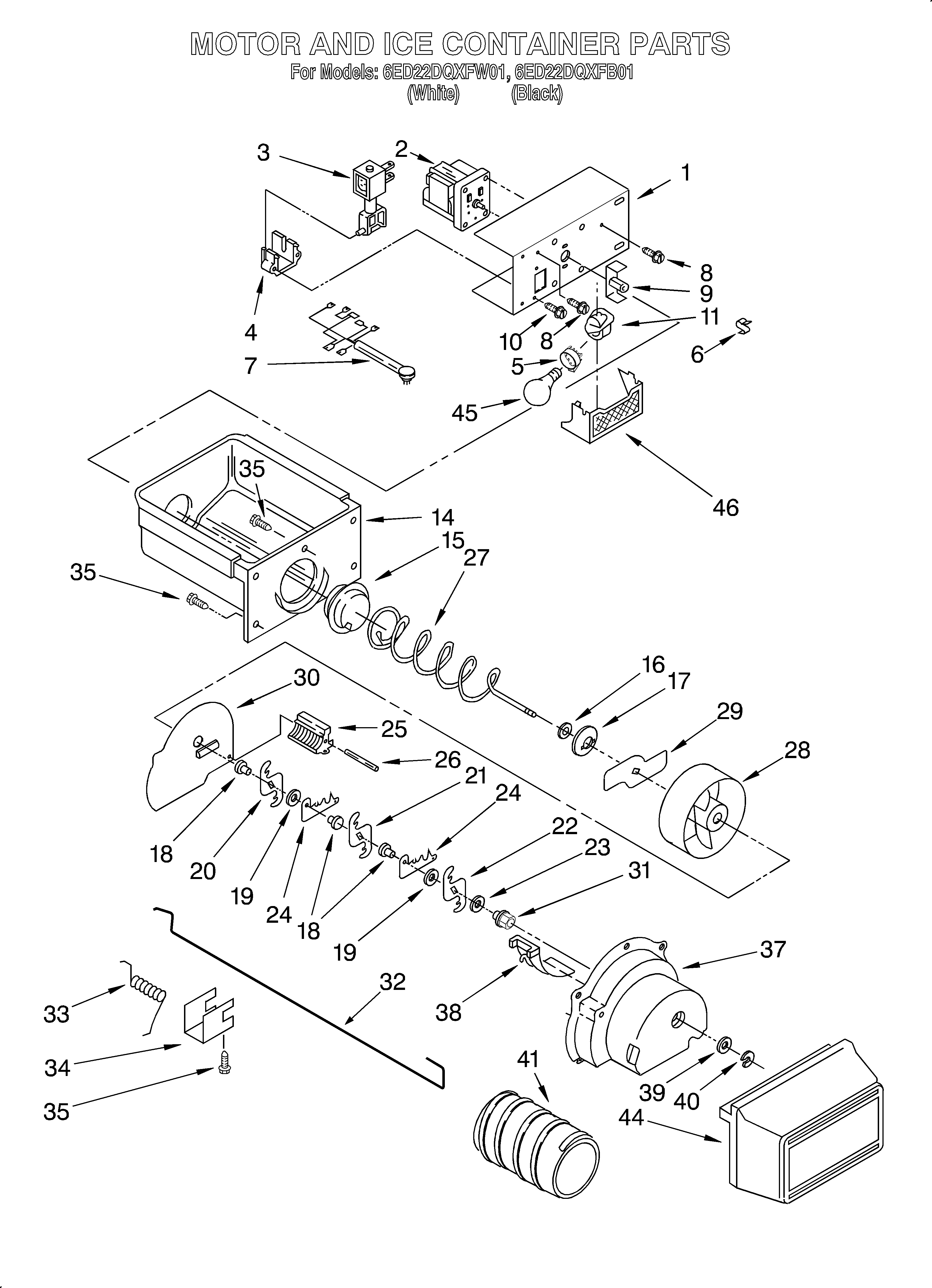 Whirlpool 6ED22DQXFW01 motor and ice container diagram