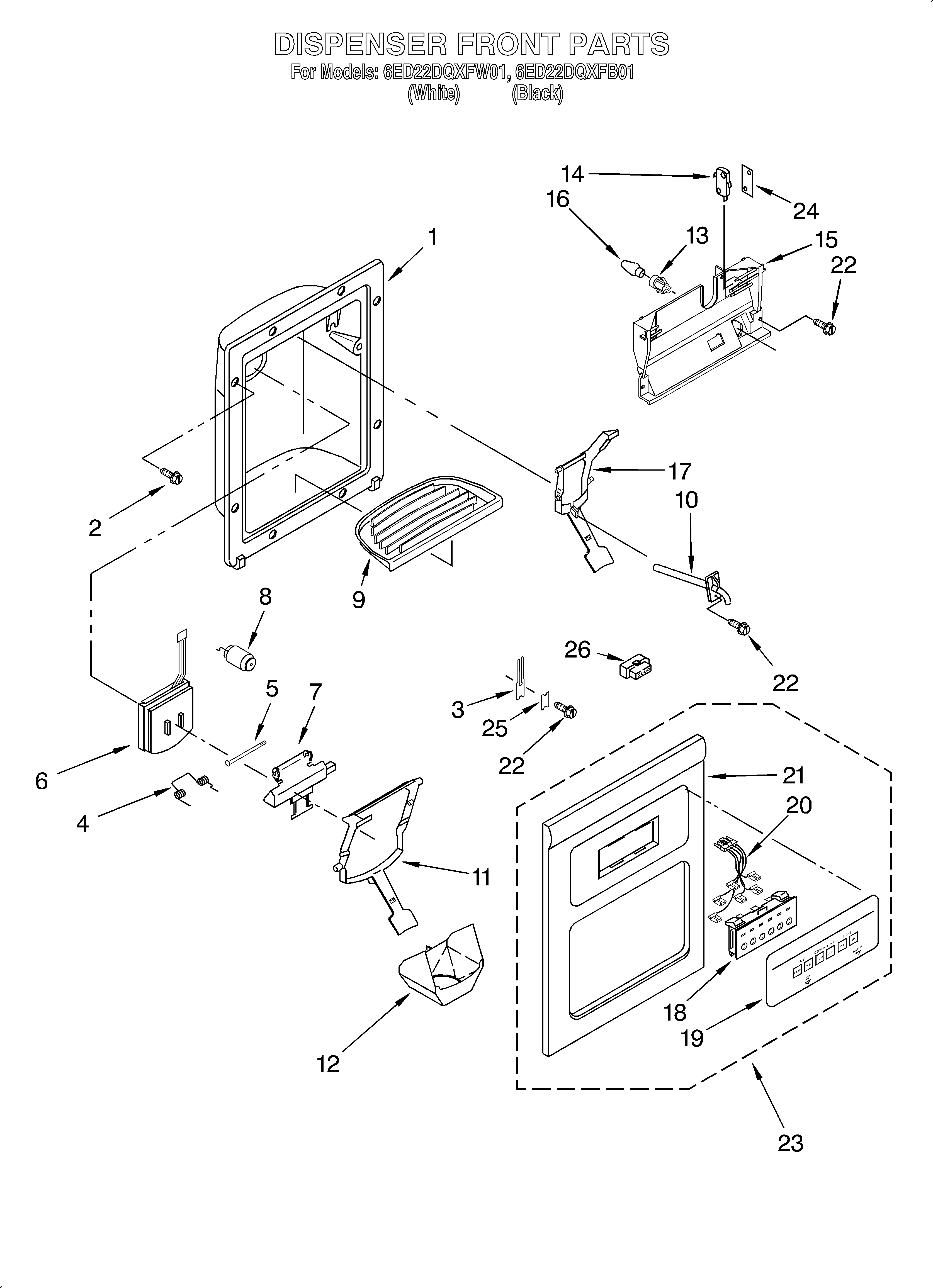 Whirlpool 6ED22DQXFW01 dispenser front diagram