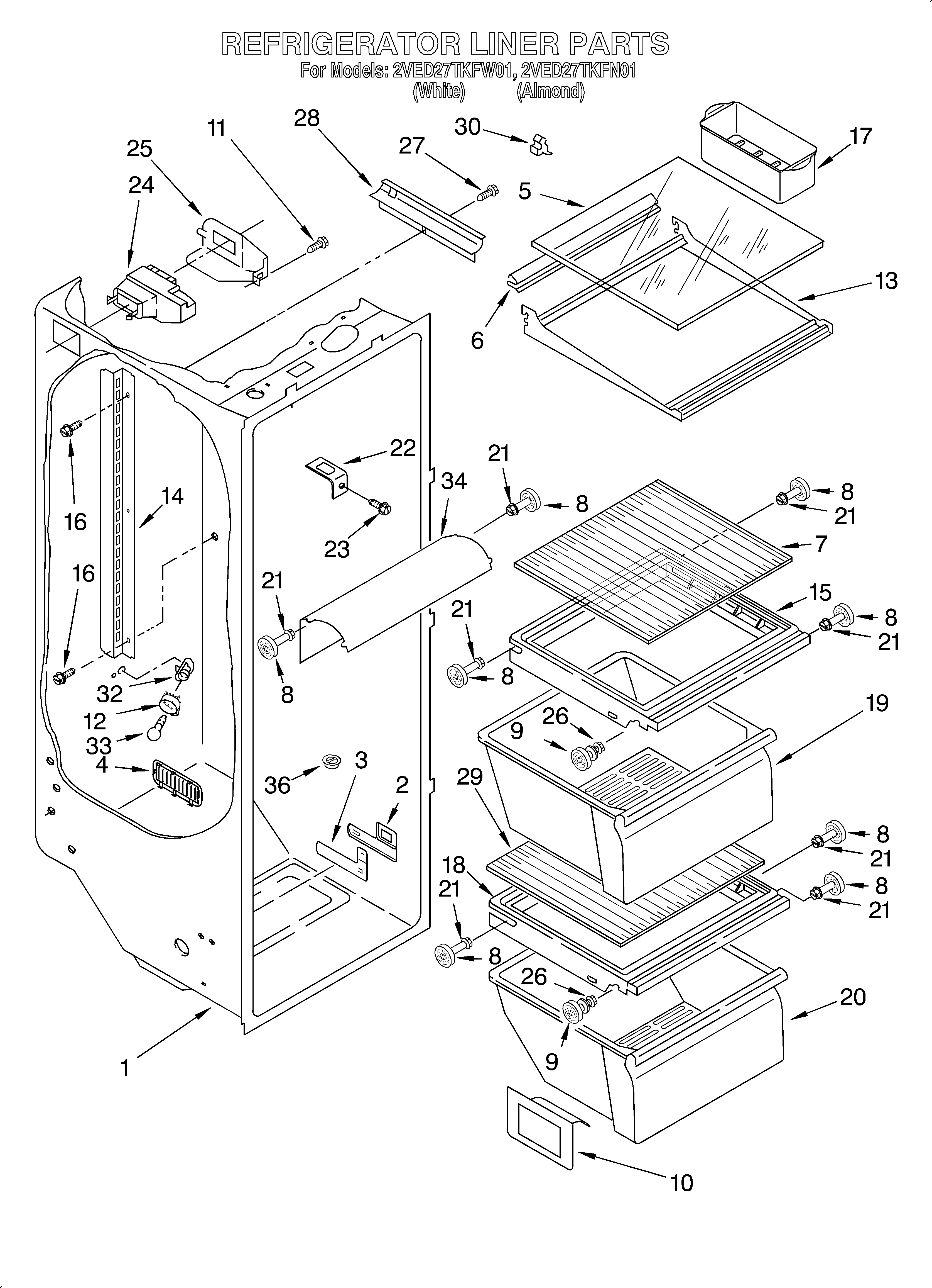 Whirlpool 2VED27TKFW01 refrigerator liner diagram