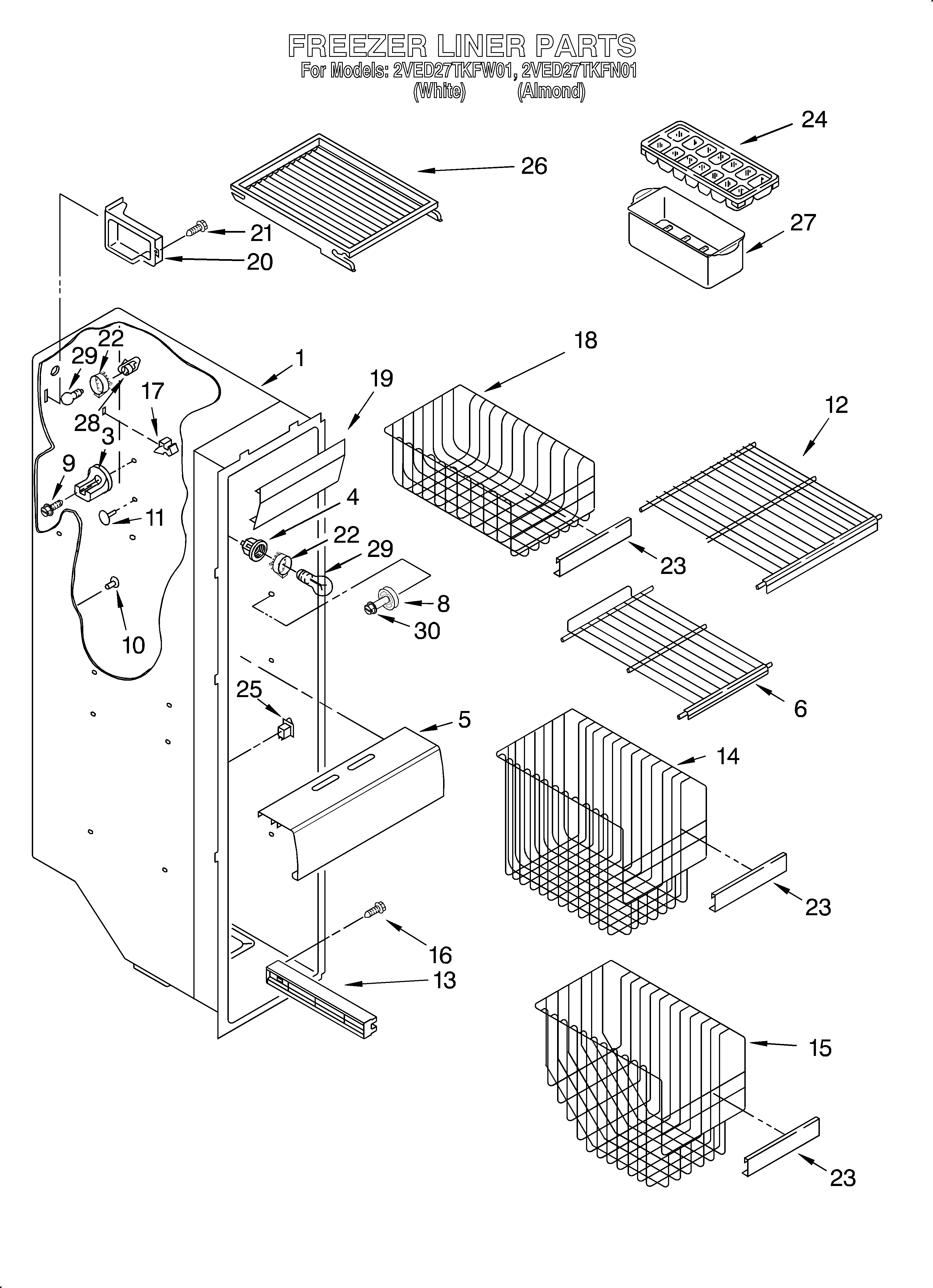 Whirlpool 2VED27TKFW01 freezer liner diagram
