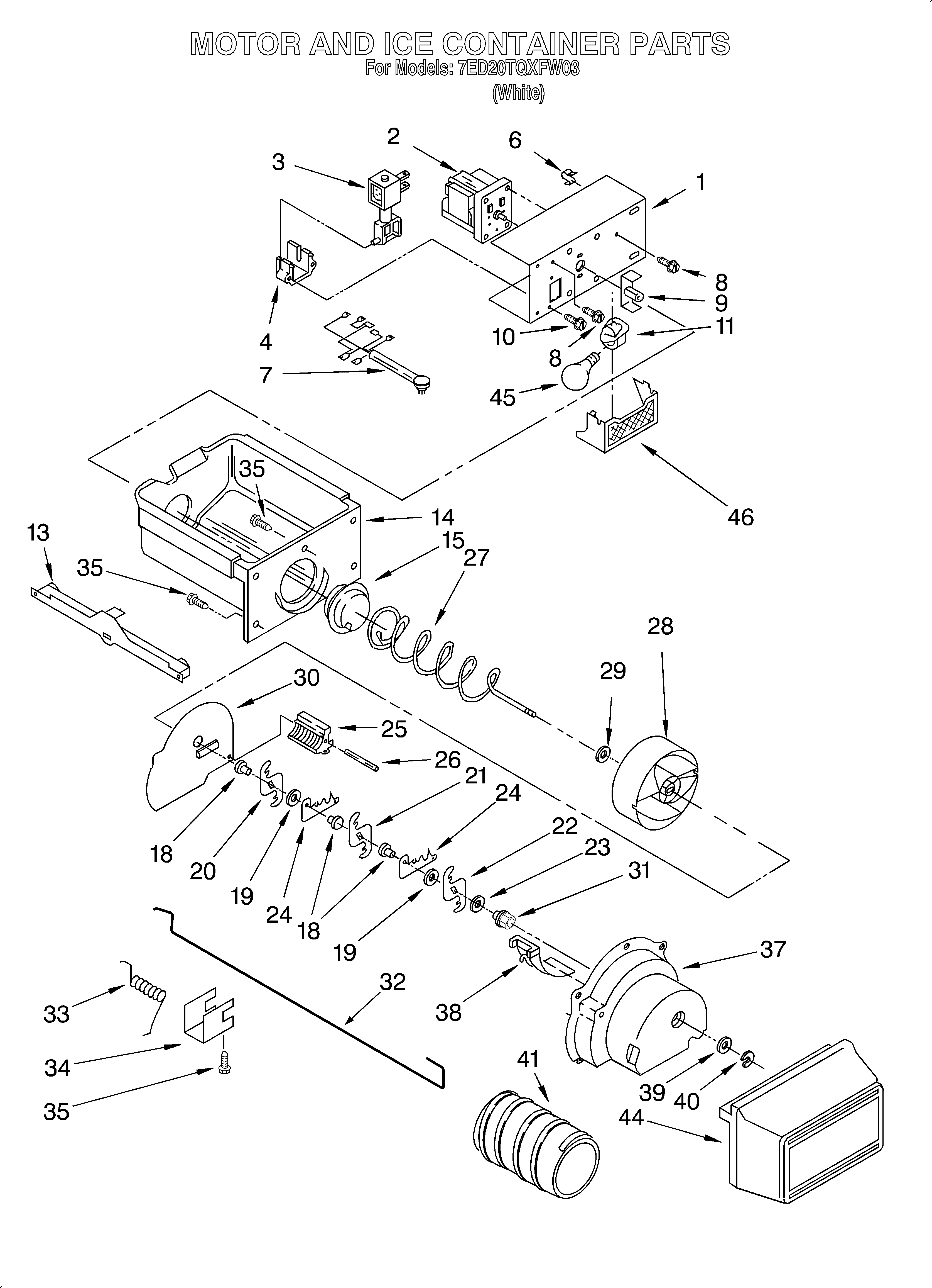 Whirlpool 7ED20TQXFW03 motor and ice container diagram